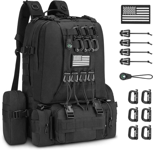 60L Tactical Backpack Men Women Military Rucksack with D-Ring Molle, Compass, 3-Day Bug Out Survival Hiking Camping Daypack, Bla