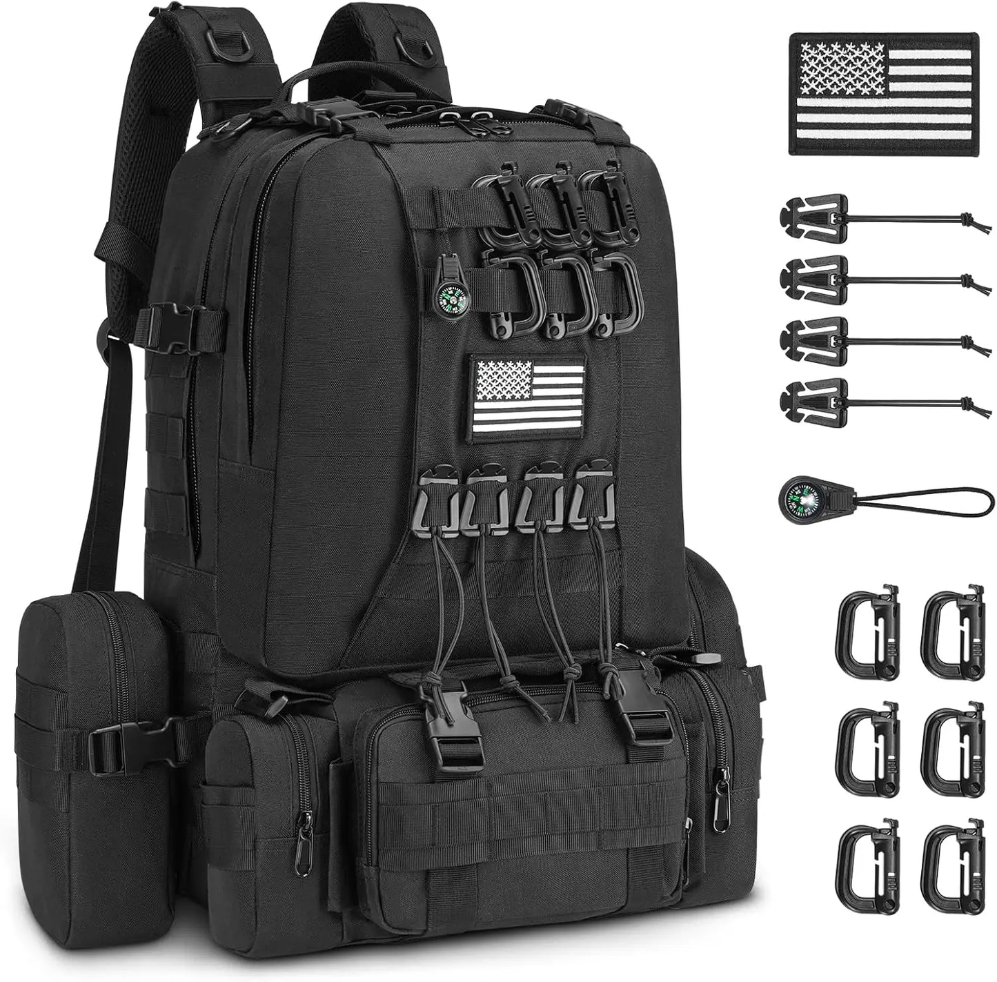60L Tactical Backpack Men Women Military Rucksack with D-Ring Molle, Compass, 3-Day Bug Out Survival Hiking Camping Daypack, Bla