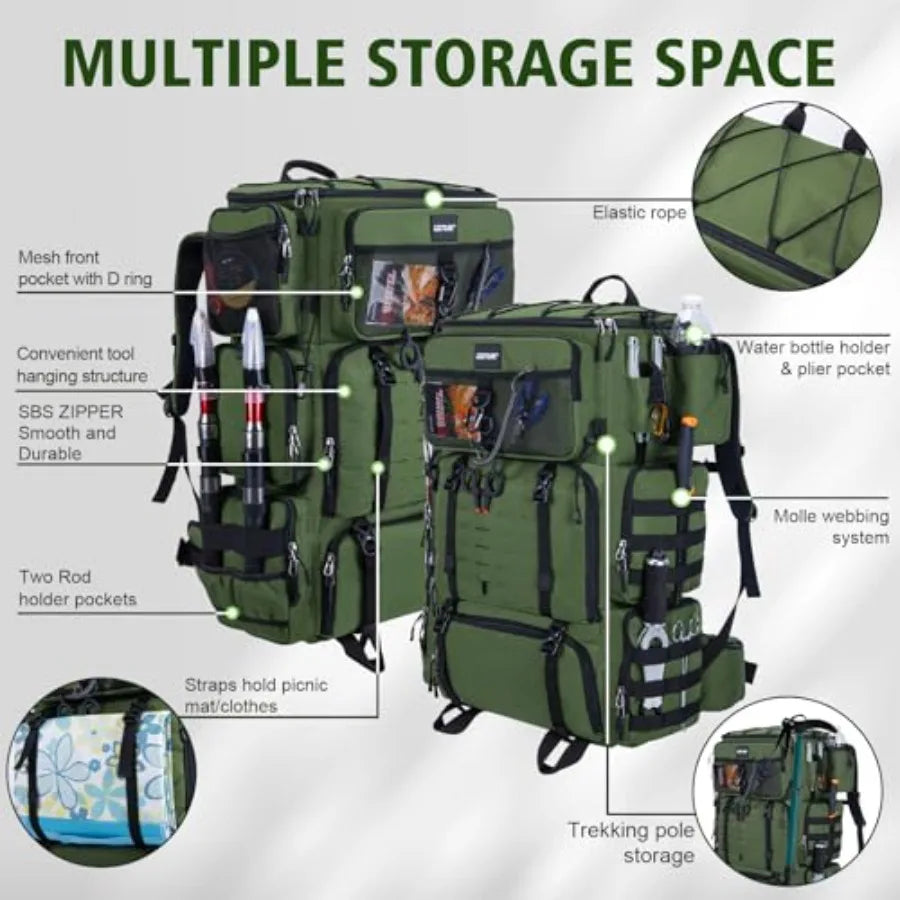 Fishing Backpack with Cooler 72L Large 600D Tackle Backpack with Rod Holders Dry Wet Split Compartment Adjustable Main Compartm