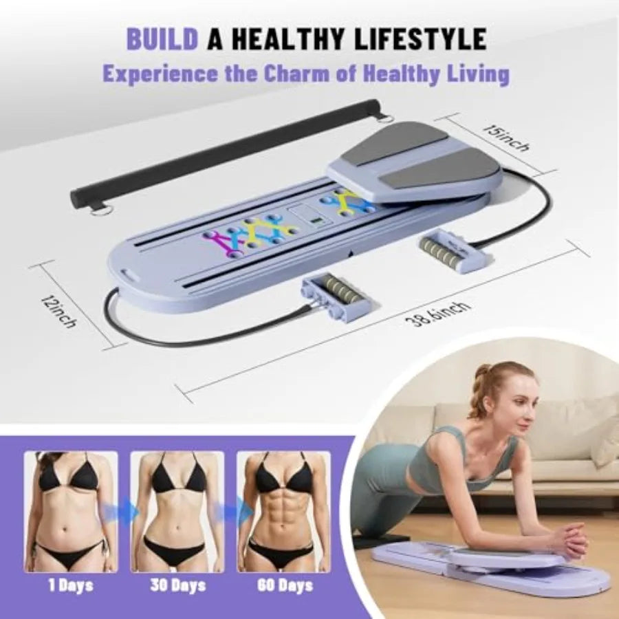 Pilates Board 6-in-1 Foldable Reformer Training Kit with Auto-Rebound Ab Roller and Digital Display for Portable Home Core Work