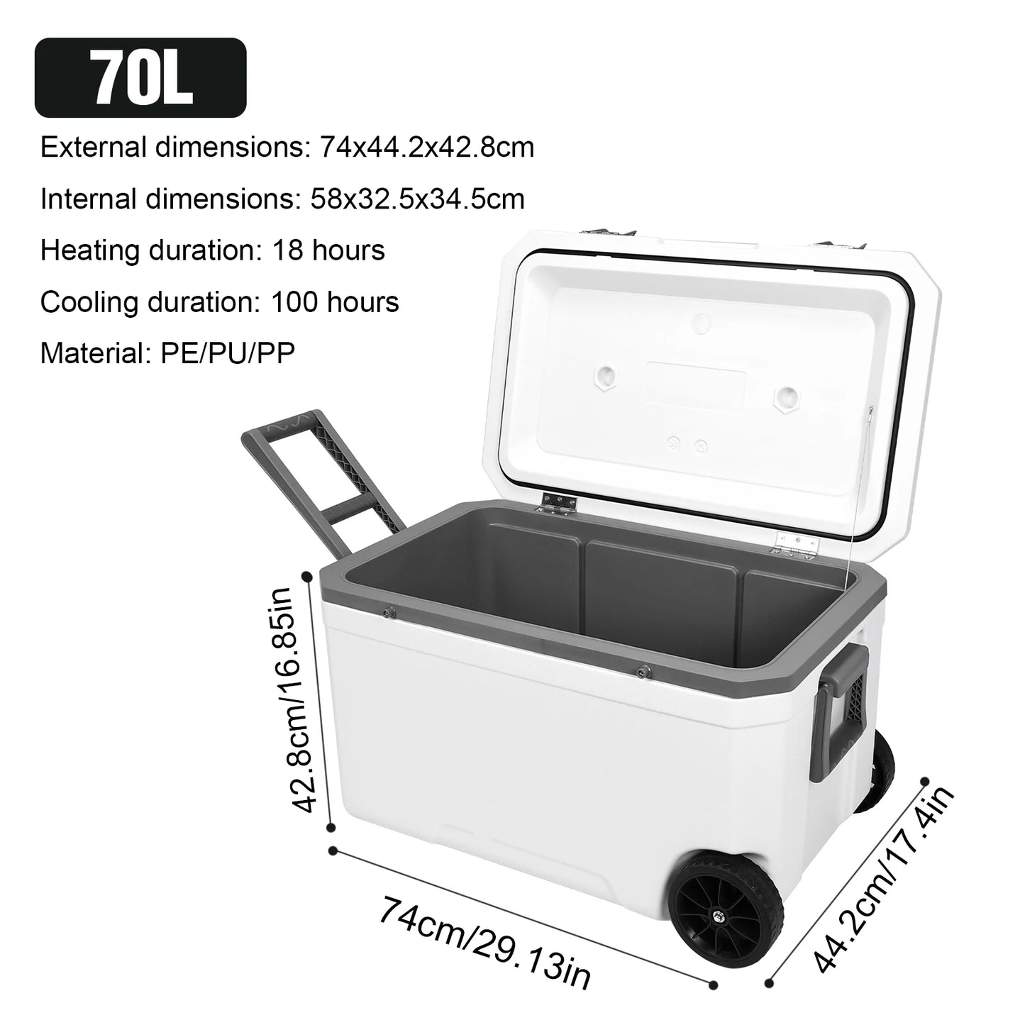 70L Wheeled Cooler with Cup Holder Hard Shell for Beach Camping (Light Grey)