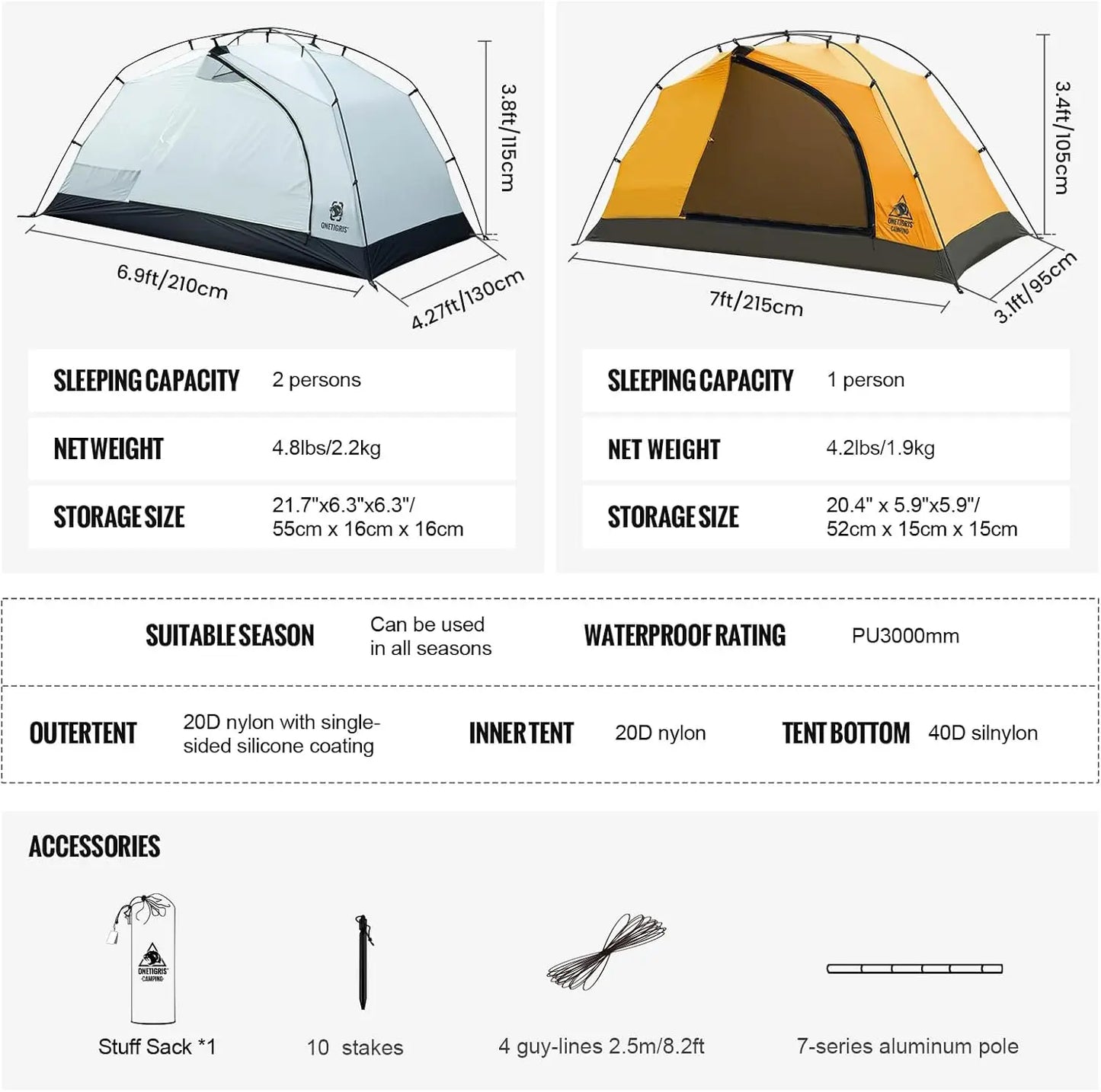 4 Season Waterproof Lightweight Camping Tent for 2 Person Easy Setup Outdoor Hiking Backpacking