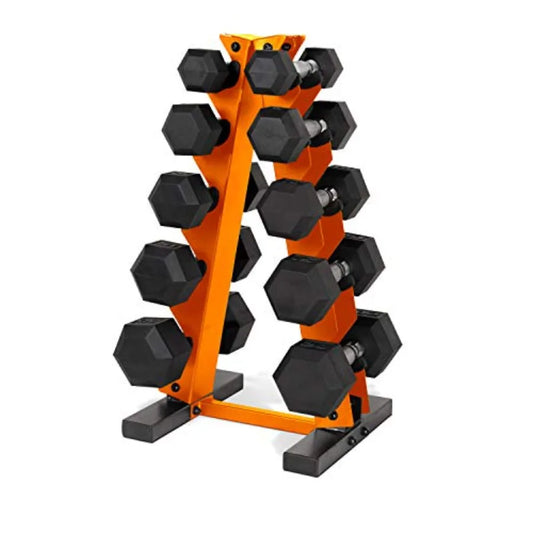 150 LB Rubber Coated Hex Dumbbell Hand Weight Set with Vertical Storage Rack - Chrome Handle Orange Rack