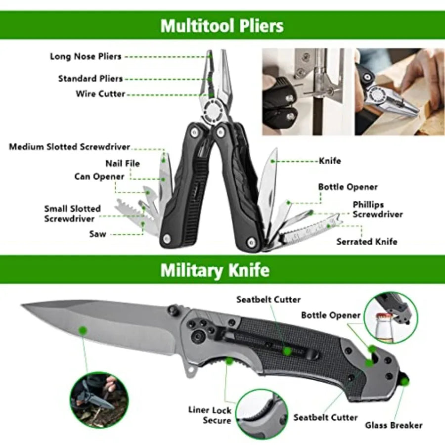 Multifunctional Folding Tactical Shovel Hatchet Combo with Axe Flashlight and Extension Handles in Black for Camping Cycling Hi