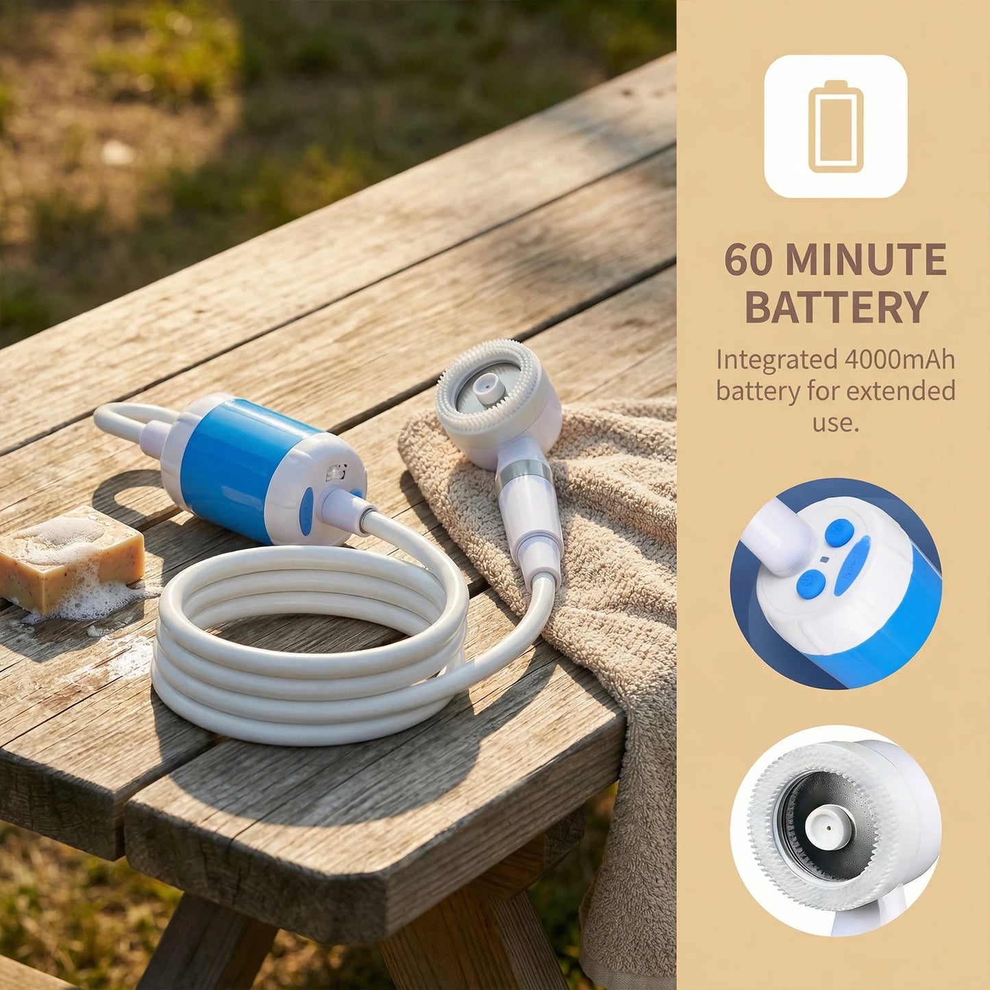 Portable Camping Shower Pump Built-in 4000mAh Rechargeable Battery Outdoor Shower Head Sprayer for Hiking Travel Car Pet