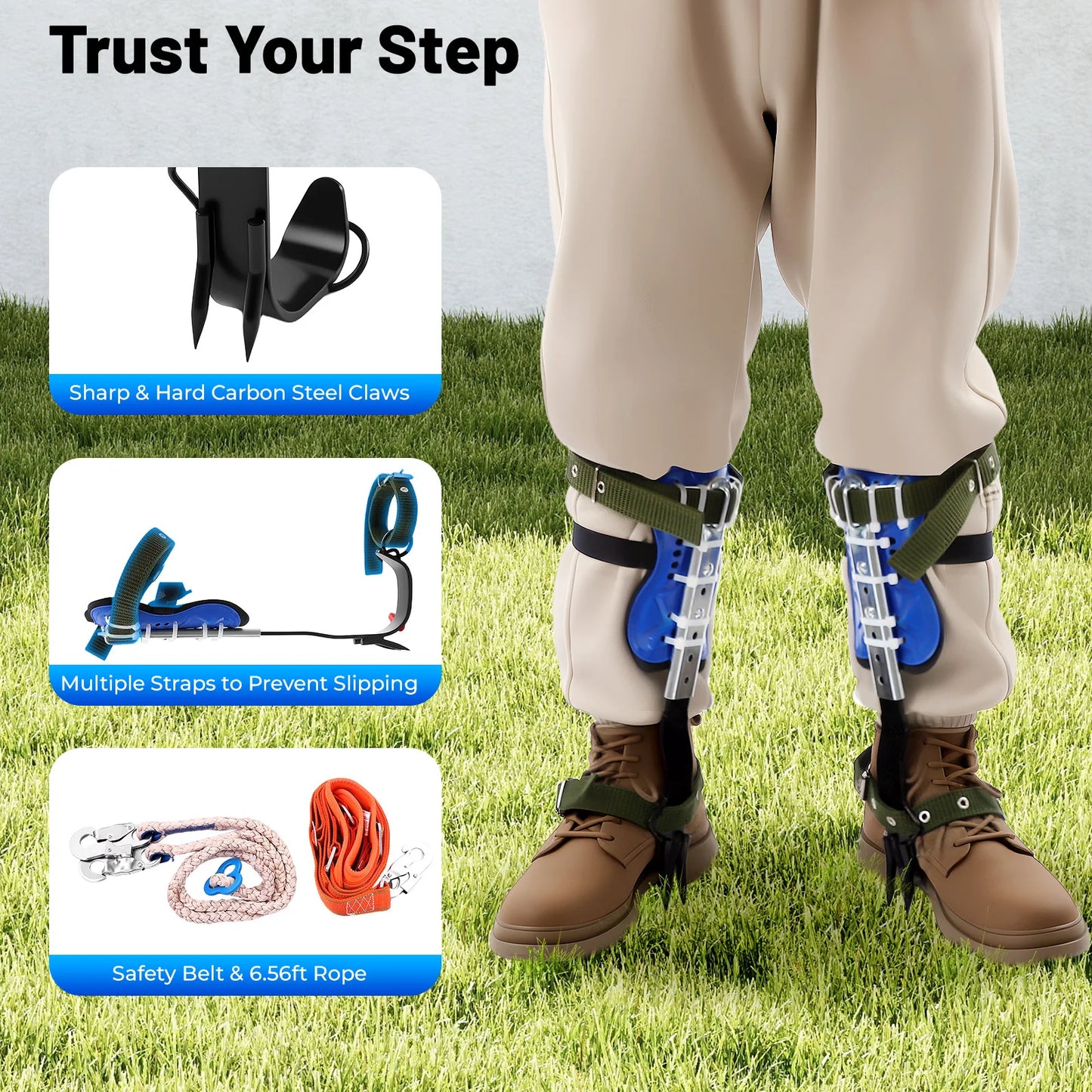 Adjustable Tree Climbing Gear Tree Climbing Tools with Foot Straps&Safety Rope for Jungle Survival,Fruit Picking, Climbing Spike