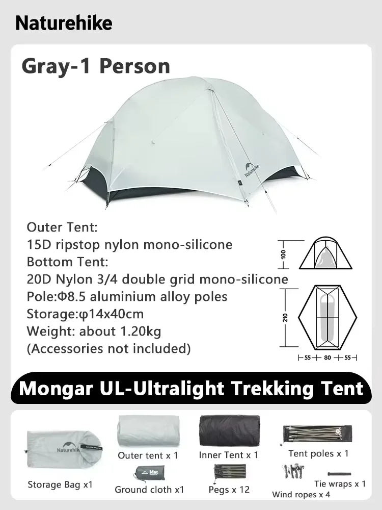 Naturehike Mongar UL 1Person Tent Ultralight Camping Tent Outdoor Travel Double Layer Waterproof Tent 3 Season Hiking Tent