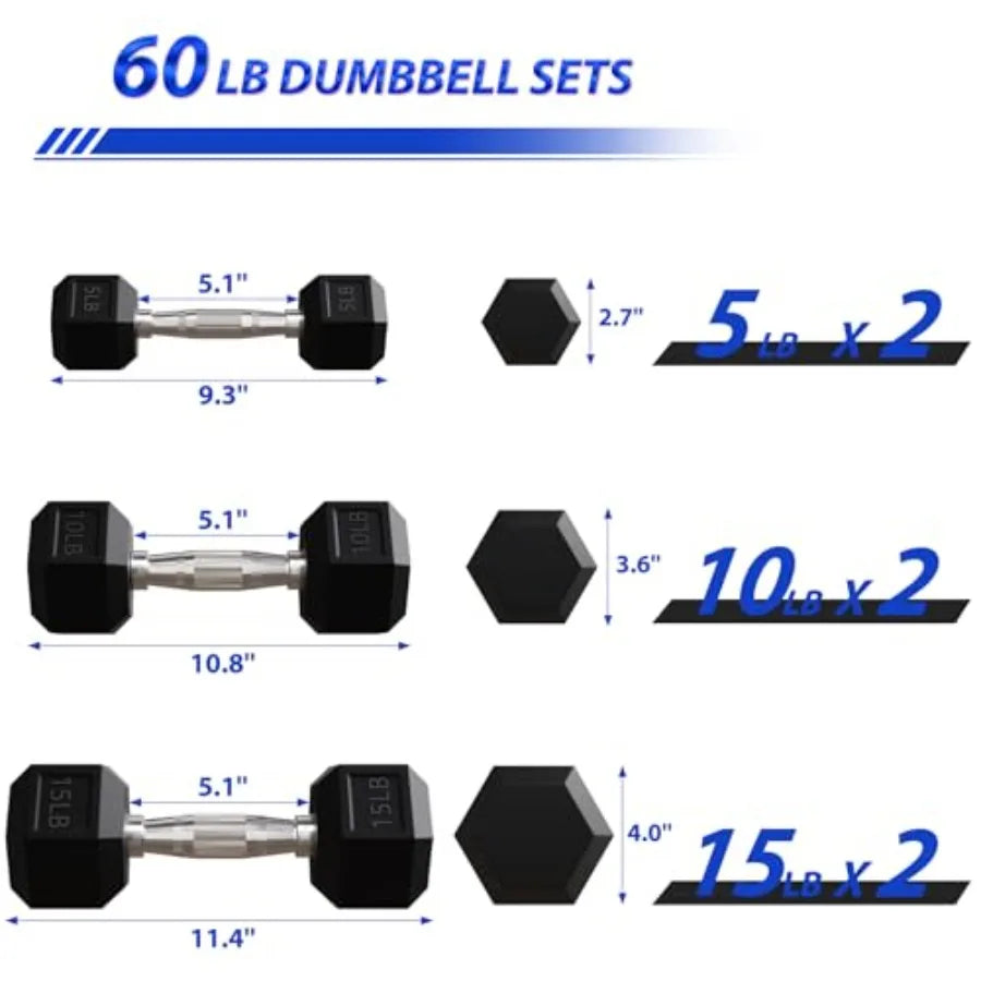Signature Fitness Rubber Encased Hex Dumbbells with Optional Rack 10 15 20LB Pairs and 10 15 20LB Pairs Weight Sets for Home Gy