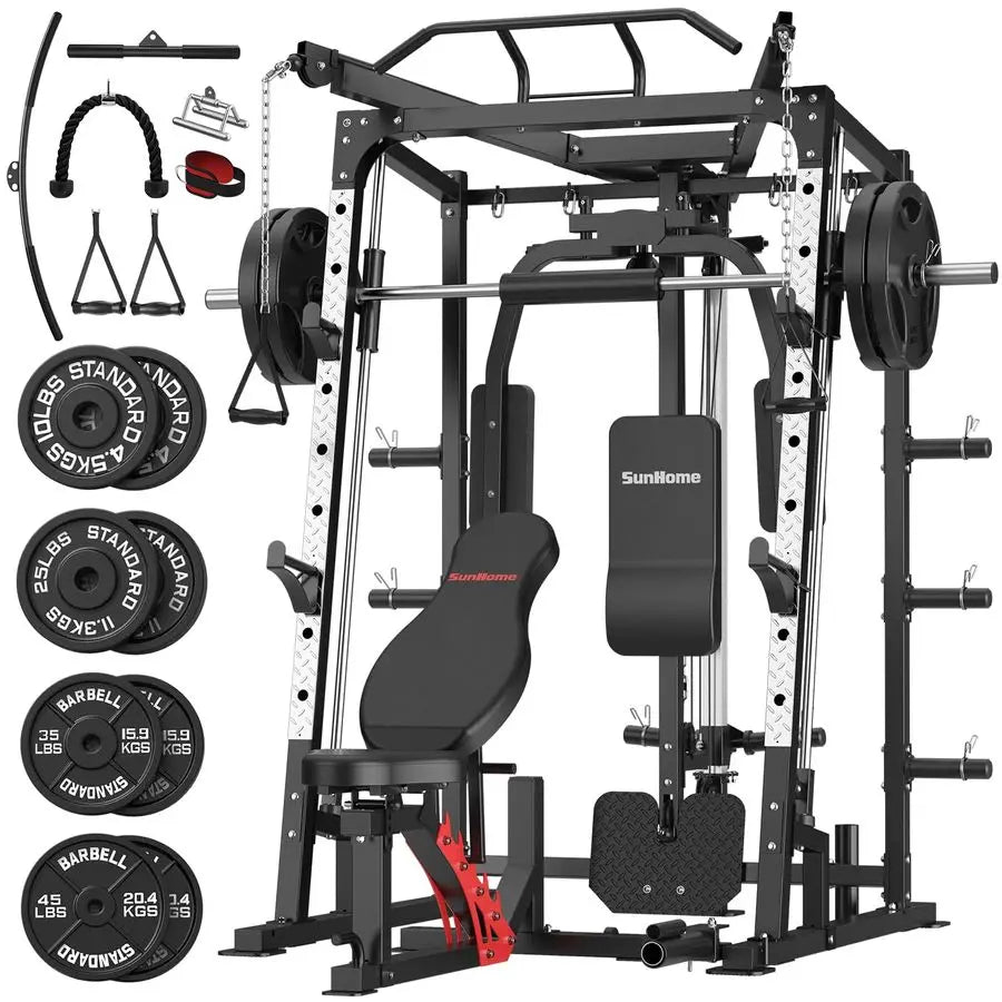 Smith Machine, Power Cage Squat Rack with Smith Bar, LAT PullDown Systems, Cable Crossover Machine and Cable Attachment for Hom
