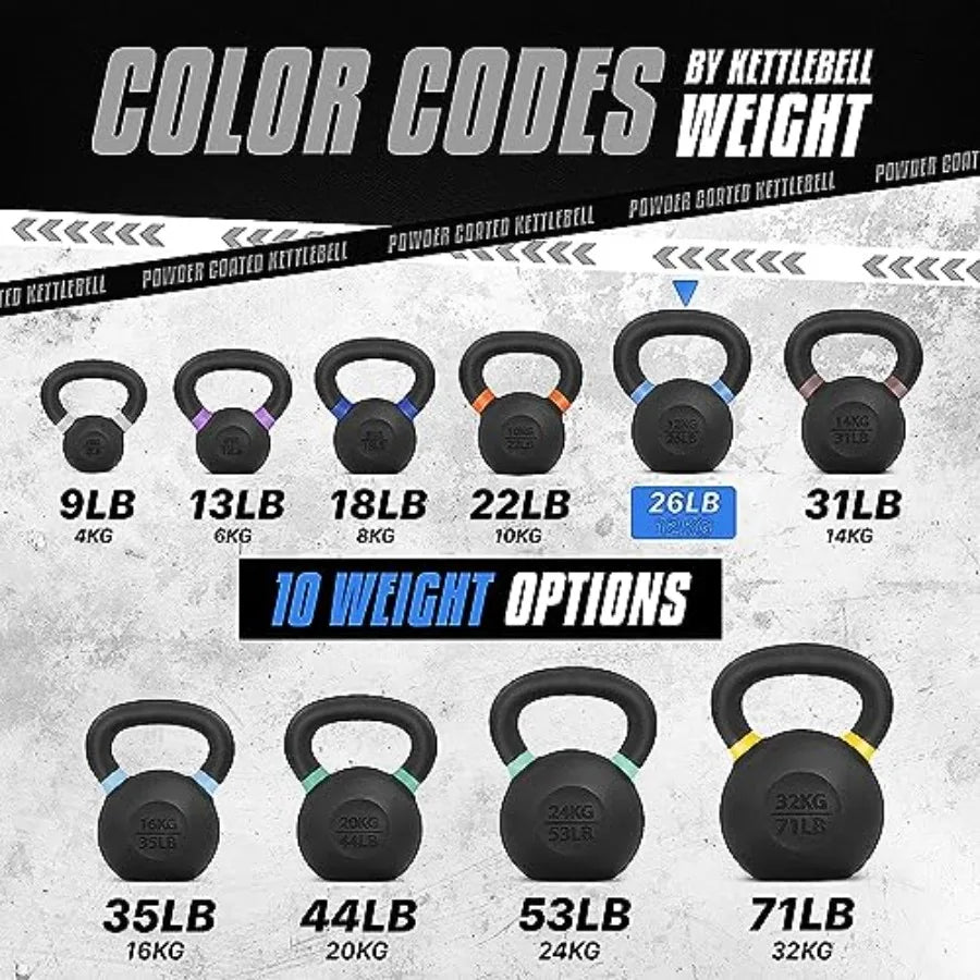 Powder Coated Kettlebell Cast Iron Core Kettlebells with Non-Slip Handle Flat Bottom for Conditioning Heavy Duty for Strength T