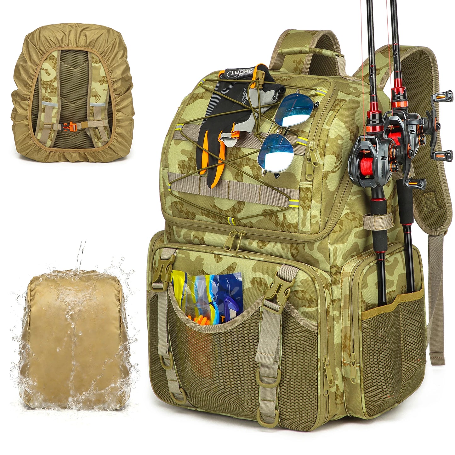 Fishing Backpack 45L Cooler Fishing Tackle Storage Bag with Rod Holders & Rain Cover Camping Hiking Outdoor Multifunctional Bag