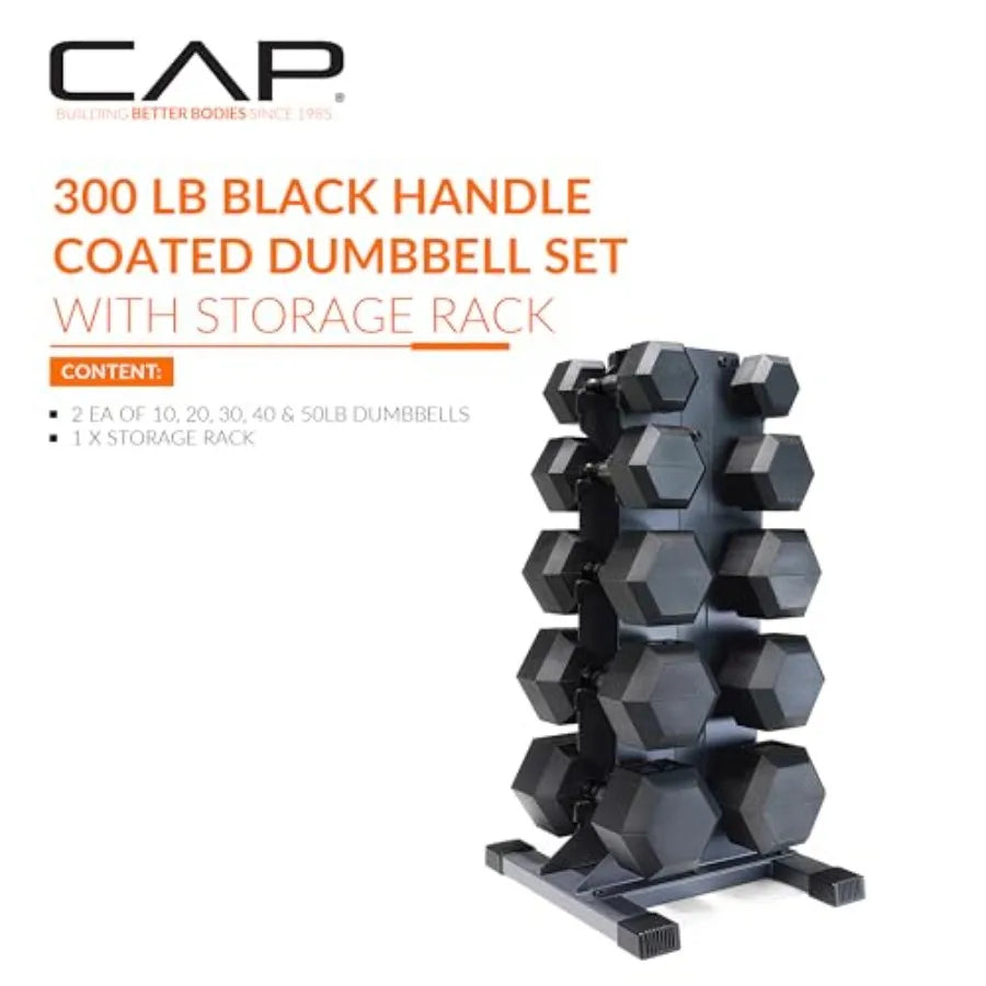 Rubber Coated Hex Dumbbell Set with Vertical Rack 100-300 lbs Free Weights Dumbbells Set for Home Gym Multiple Options