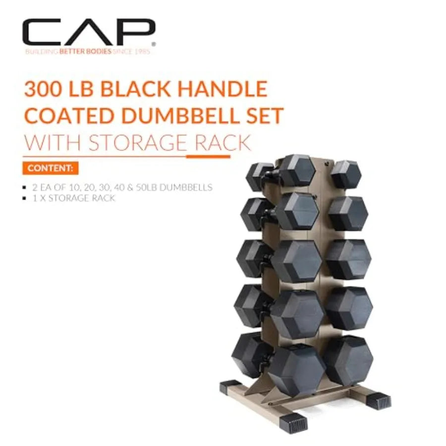 Rubber Coated Hex Dumbbell Set with Vertical Rack 100-300 lbs Free Weights Dumbbells Set for Home Gym Multiple Options