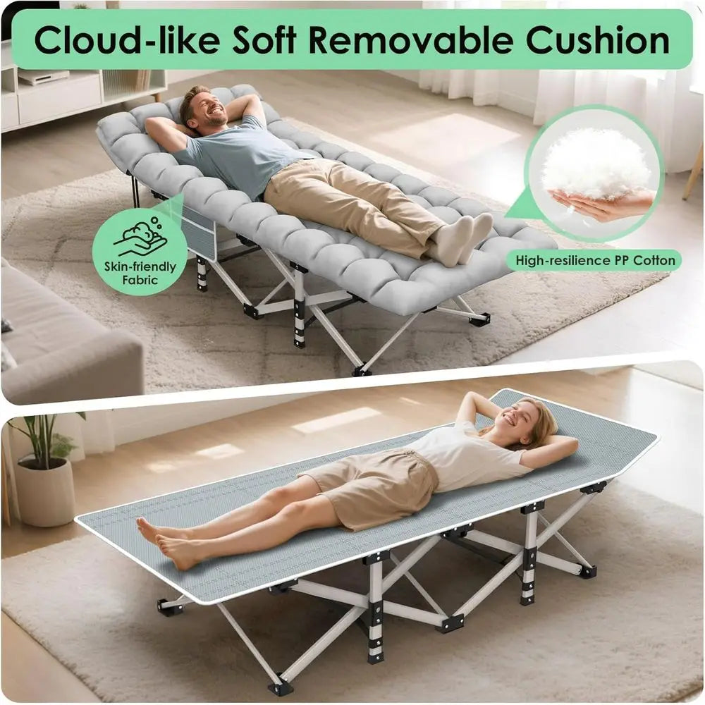 Camping Cot, Double Layer Portable Outdoor Cots or Camping W/Sleeping Pad Carry Bag or Home Office Nap Beach Travel, 500LBS, Gre
