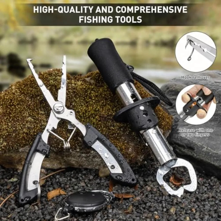 Fishing Backpack with Rod Holder for Men Women Water-Resistant Black Camo Fishing Tool Kit with Lures Tackle Box and Pl