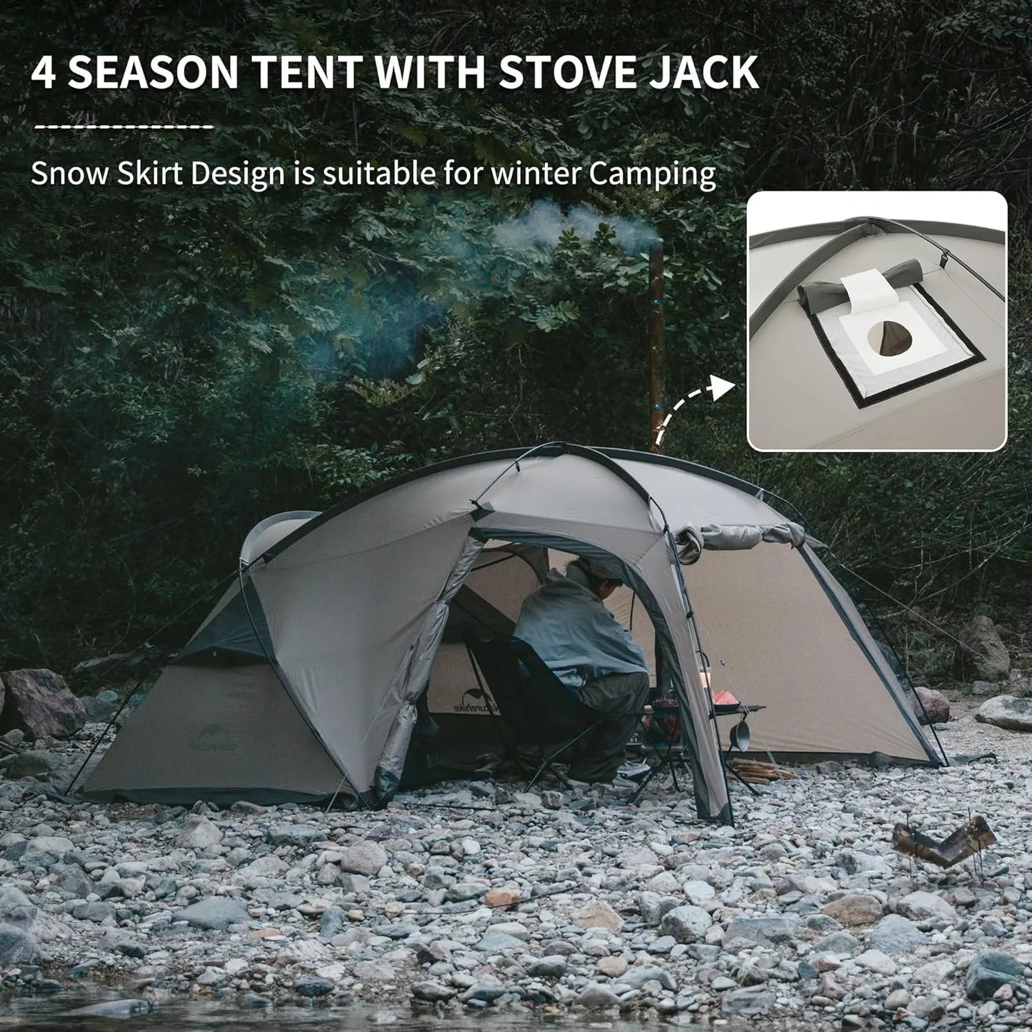 Naturehike Lightweight 2 Person Tent Large Space 4 Season Double Layer Camping Tent 7.5㎡ with Living Room with Stove Hole