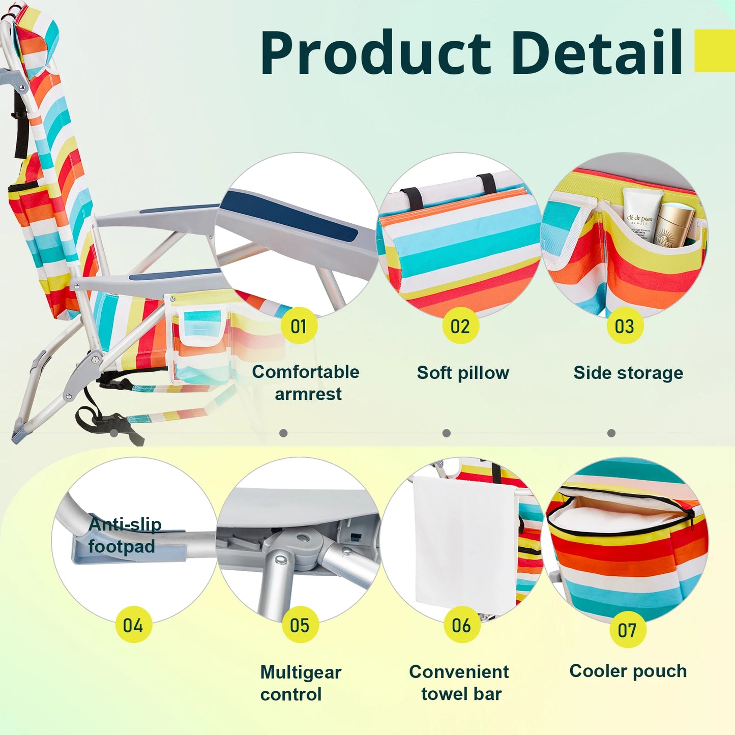63*65*82cm Short Oxford Cloth Silver White Aluminum Tube Bearing 100kg Beach Chair Rainbow Stripes