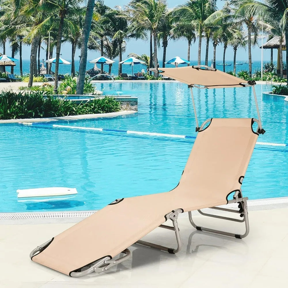 Lounge Chair Outdoor with Canopy, 330LBS Portable Tanning Chair with Adjustable Backrest, Carry Straps & Side, Customized