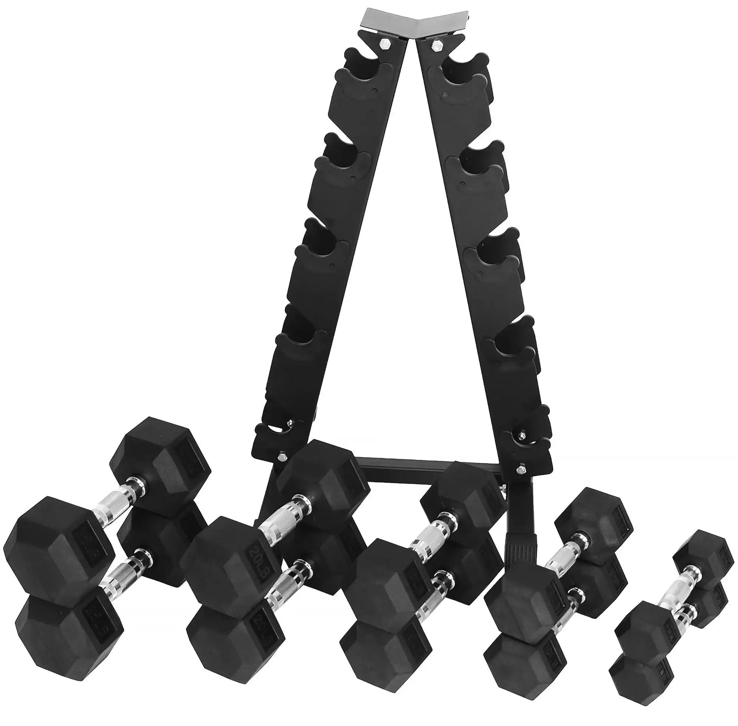 150LB Rubber Coated Hex Dumbbell Weight Set with A-Frame Rack, 5-25 lbs Pairs