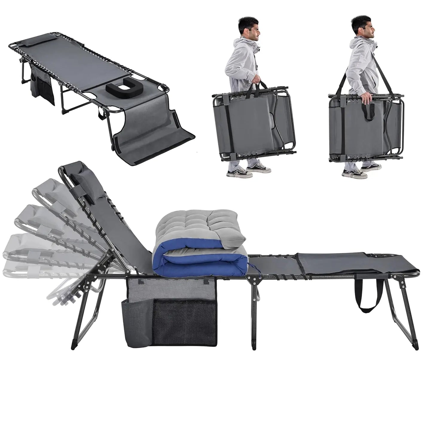 Outdoor Folding Tanning Chair, Portable Tanning Lounger with Removable Padded Cushion and Face Hole, 5-Position, Customized
