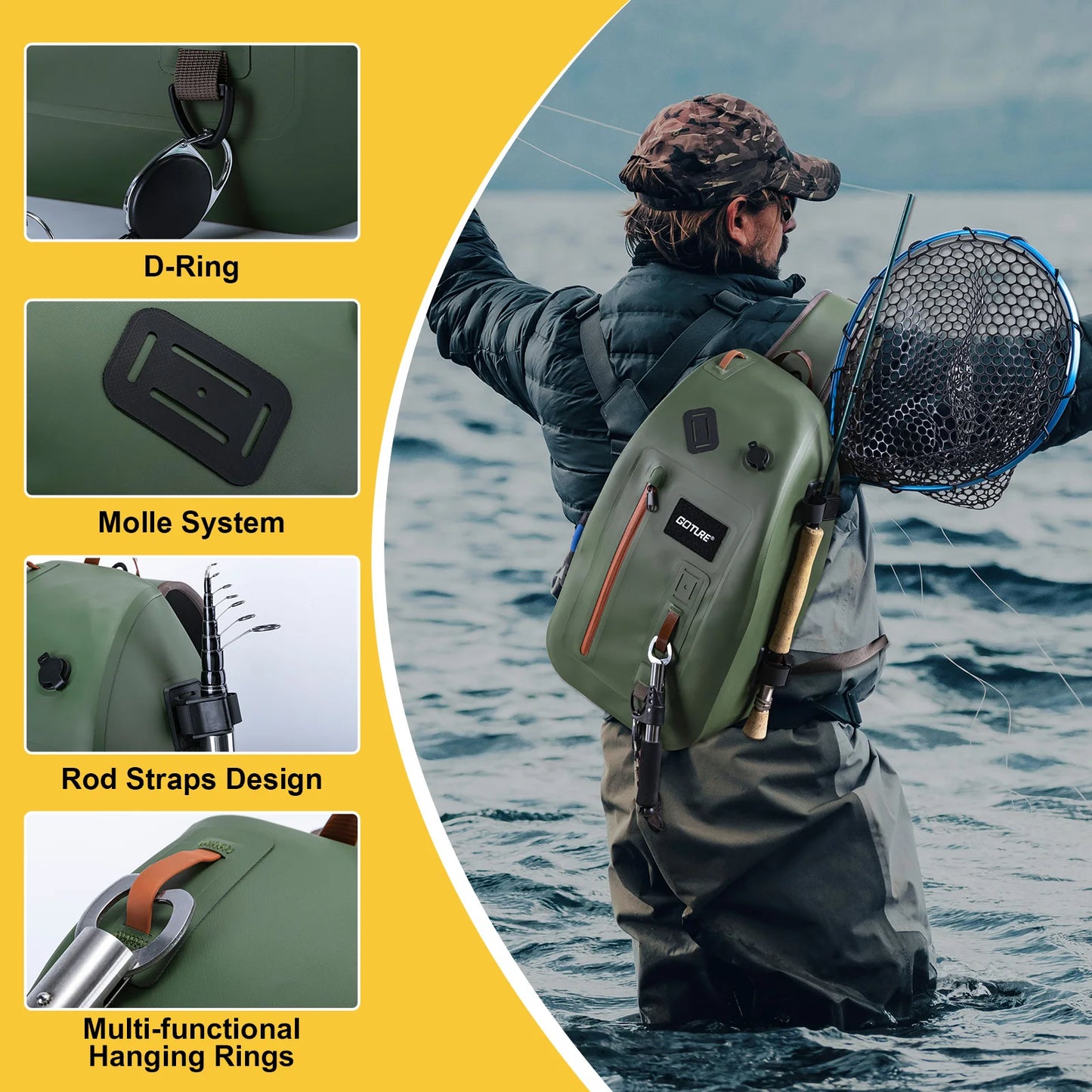 Goture IPX8 840D TUP Waterproof Dry Backpack for Fishing Trout Fishing Tackle Backpack Fly Sling Pack Fishing Tool Storage Bag