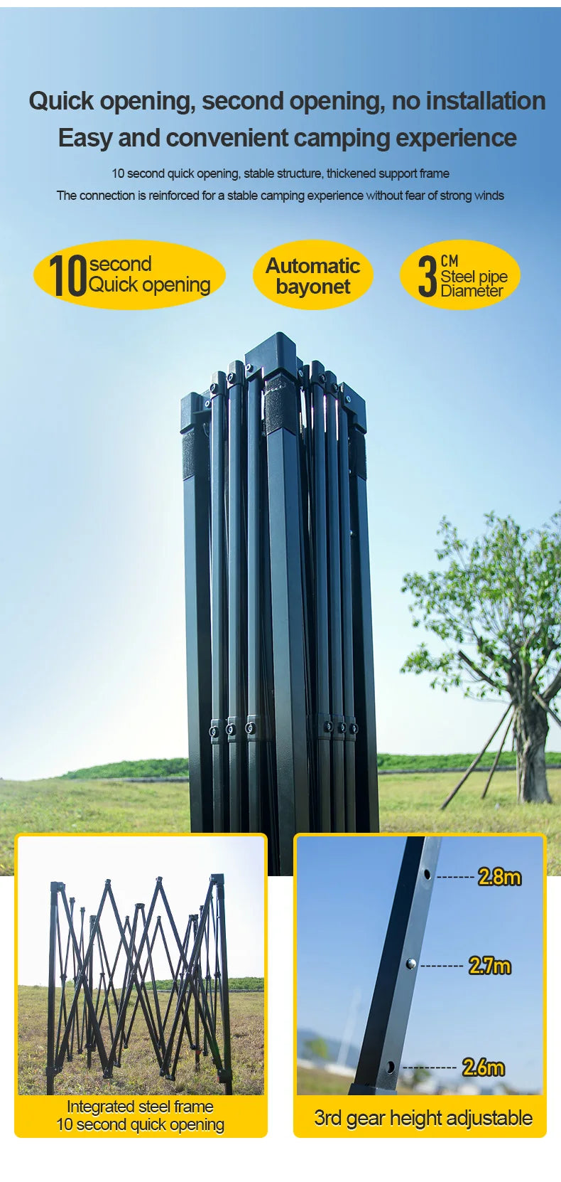 Outdoor pop-up awning beach camping instant canopy pavilion tent with side wall 10x10 feet  khaki sunscreen rainstorm proof