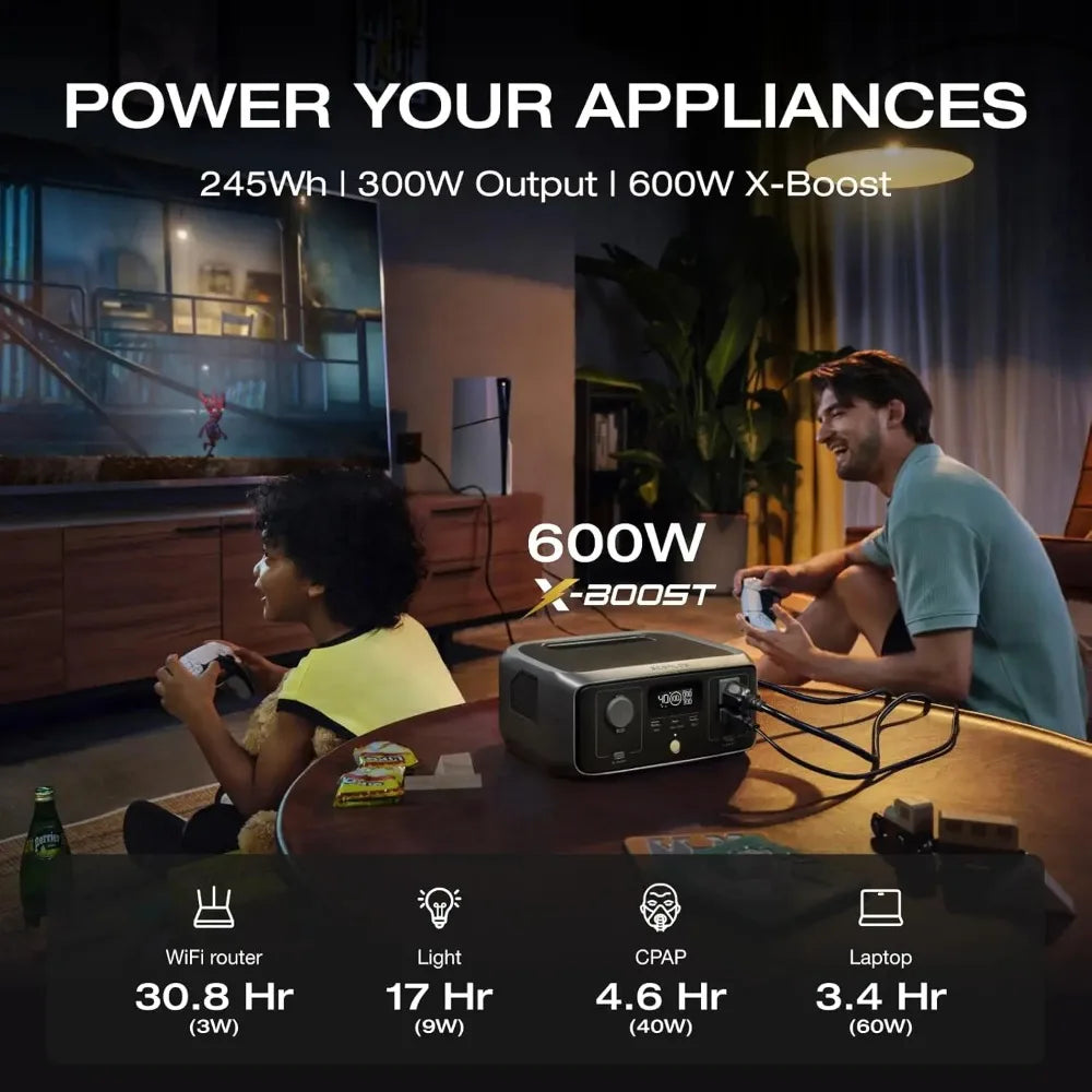 Portable Power Station 245Wh LFP 300W 600W Peak 20ms UPS 1Hr Fast Charge Solar Input for Outdoor RV, Custom