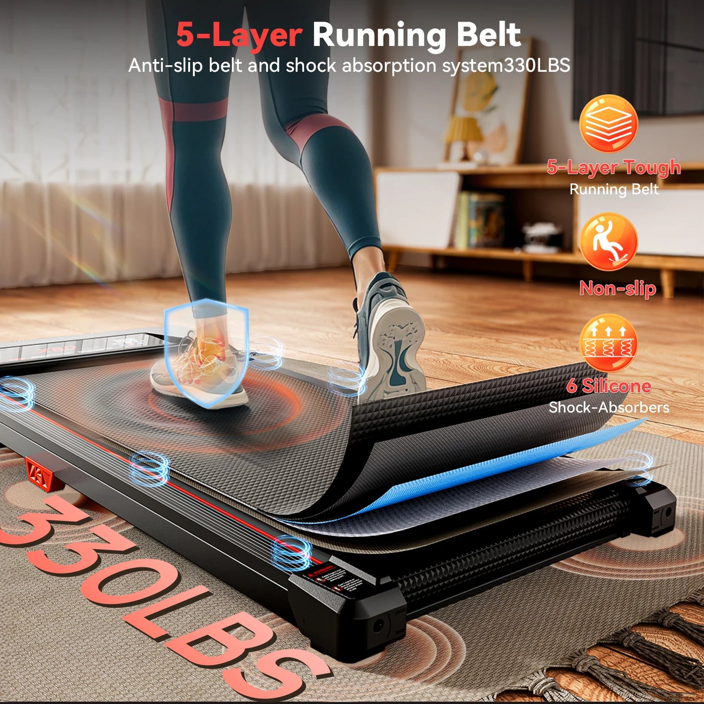 XBD Portable Incline Walking Pad - 330lb Capacity, 2.5HP Under Desk Treadmill with LED Display & Remote Control