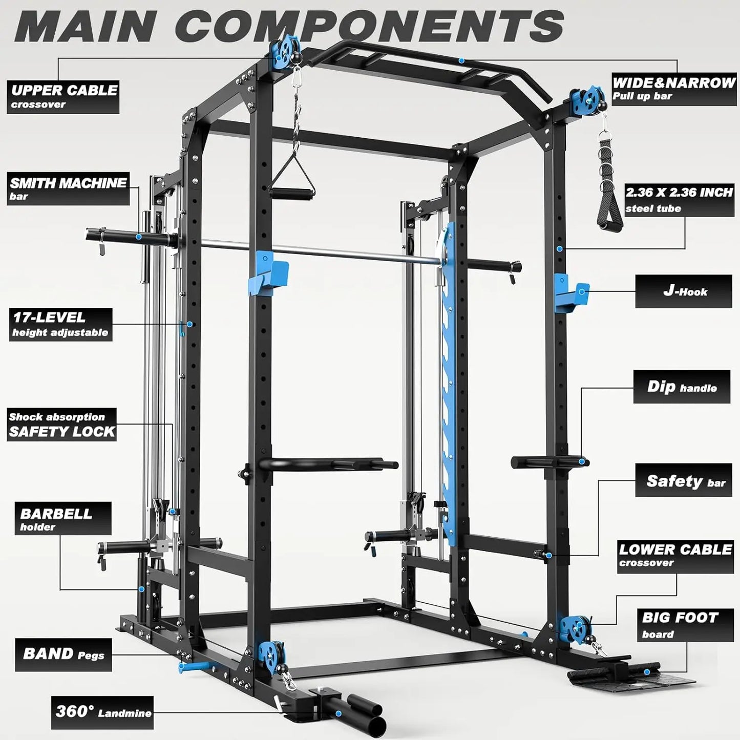 Power Cage with Cable Crossover/Smith Machine System LAT-Pull Down System Power Rack Squat Rack Training, Customized