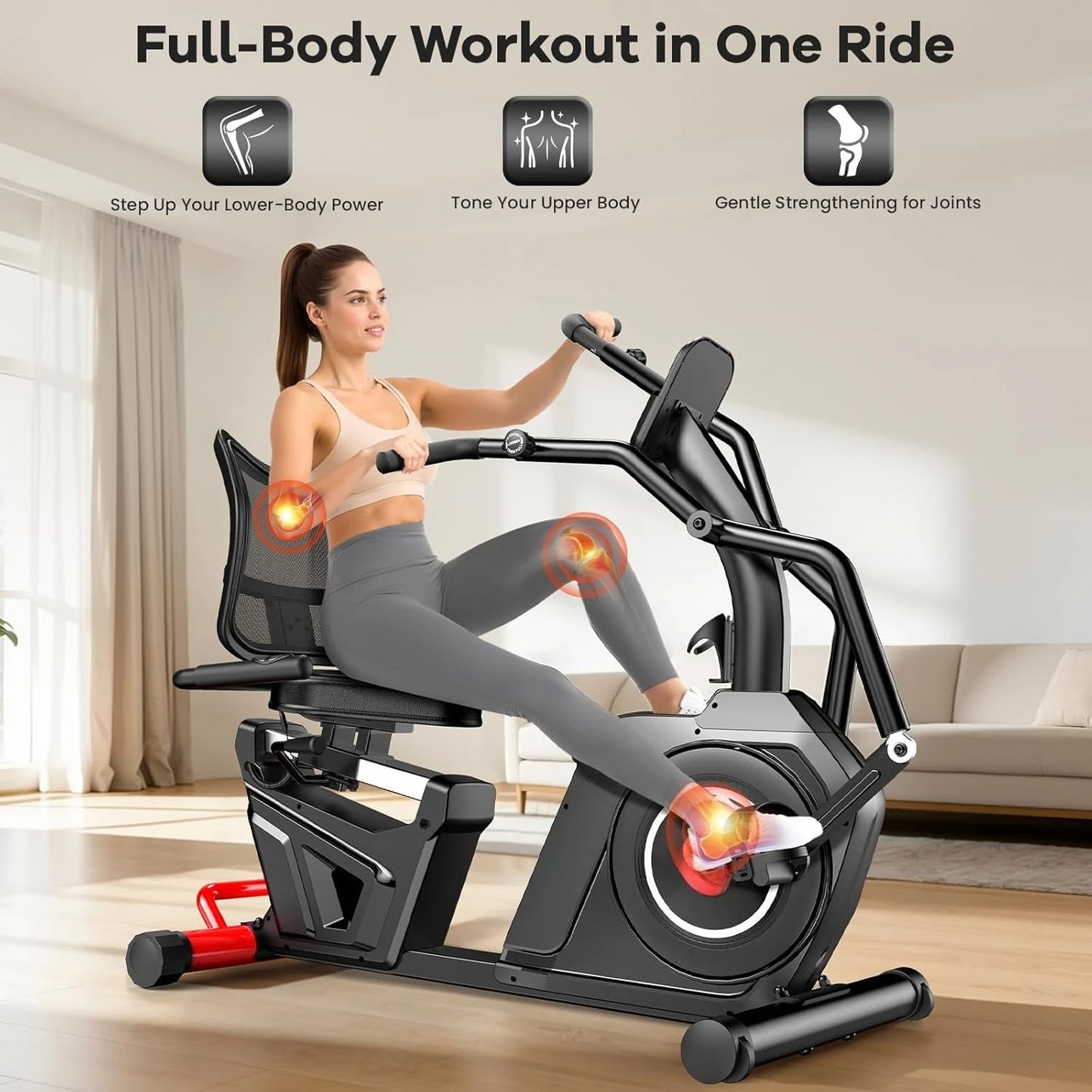 Recumbent Exercise Bike, Stationary Recumbent Exercise Bike for Home with Arm Exerciser, 16-Level Magnetic, Customized