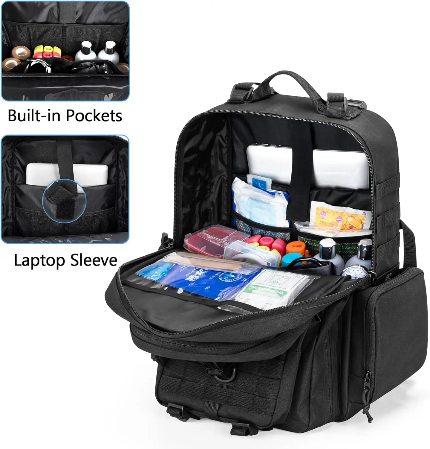 Tactical Medical Backpack for First Aid, Hiking, Trekking, Hunting, Camping - Black (Bag Only)