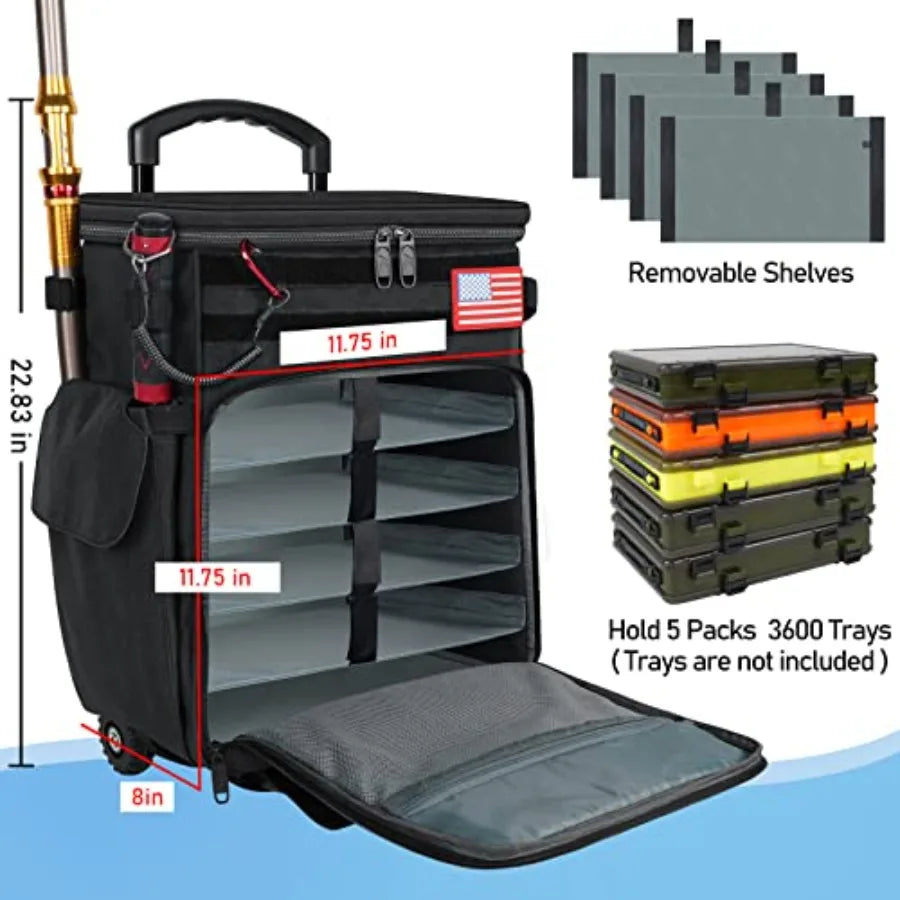 Rolling Tackle Box with Cooler Large Fishing Bag with Wheels for 5 Trays Saltwater Resistant Tackle Backpack with Rod Ho