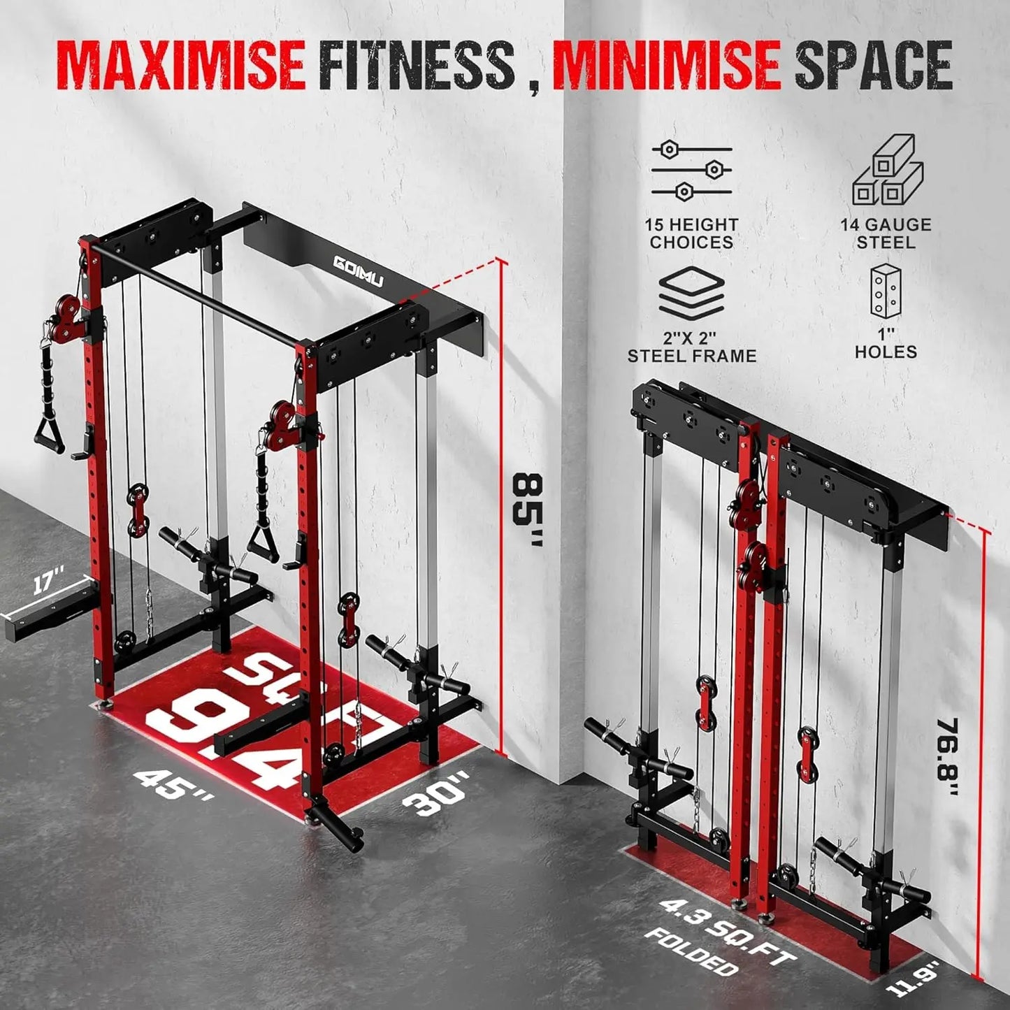 WM3-V4 Folding Squat Rack, Wall Mounted Power Rack with Dual Independent Pulley System, Functional Trainer with 5