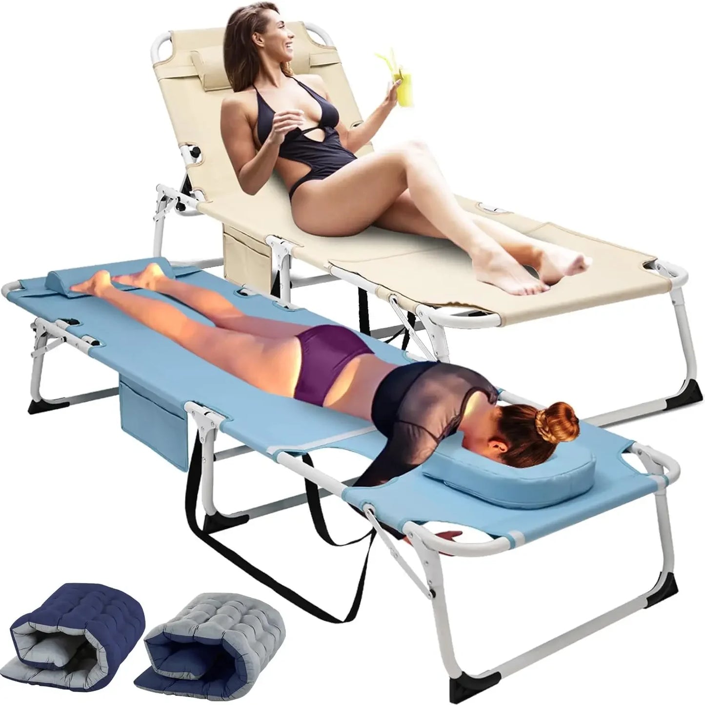 Heavy Duty Tanning Chair Folding Beach Lounger with Face Arm Hole, 5-Position Adjustable Patio Chaise Lounge, Customized