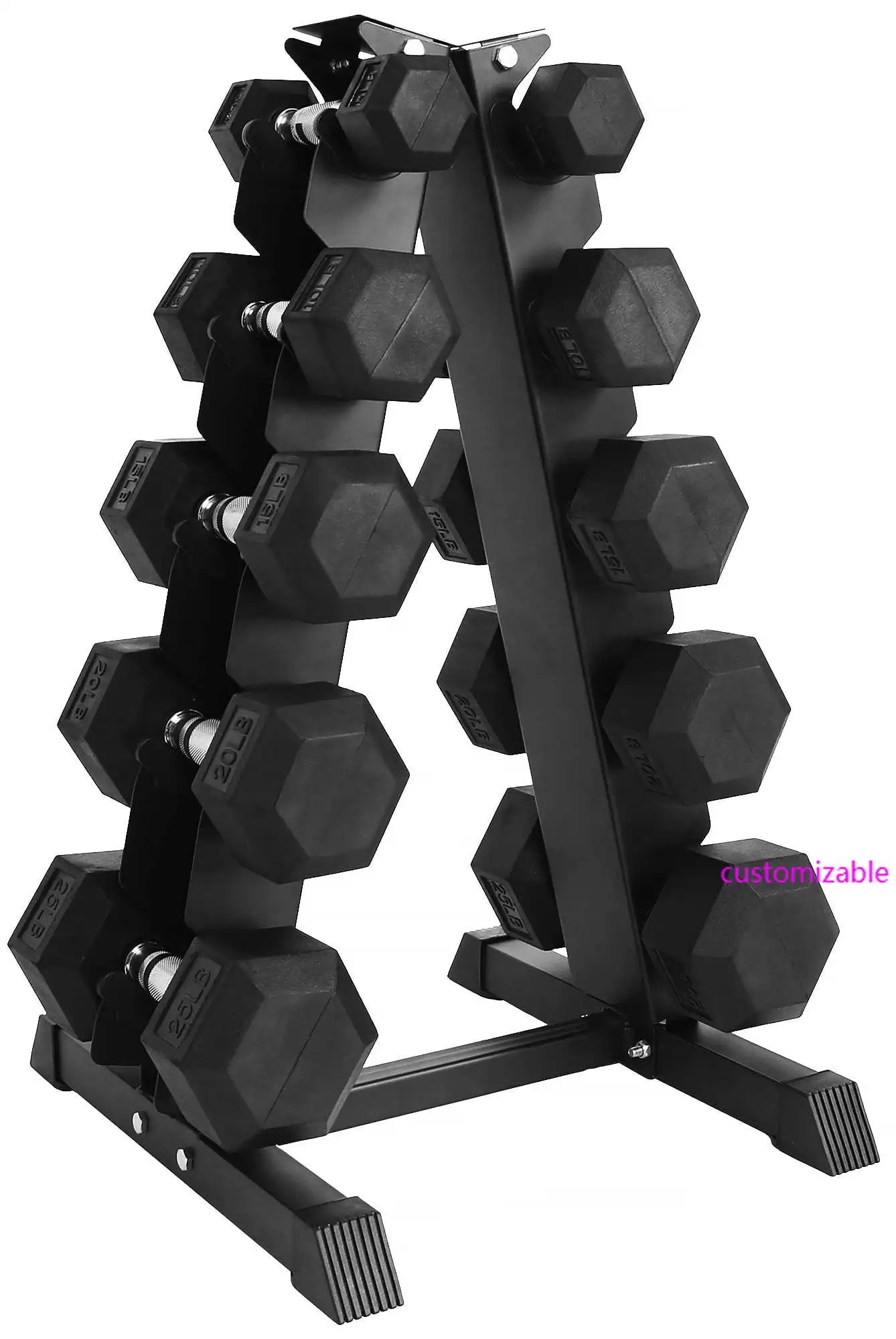 150LB Rubber Coated Hex Dumbbell Weight Set with A-Frame Rack, 5-25 lbs Pairs