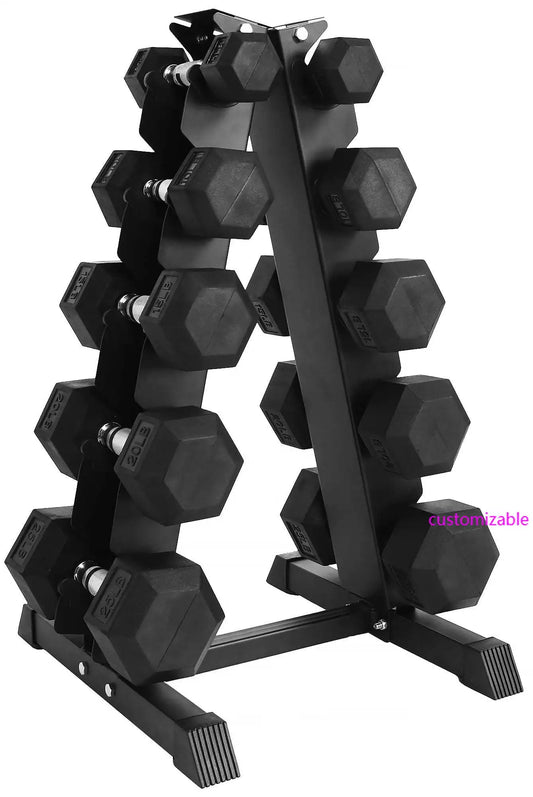 150LB Rubber Coated Hex Dumbbell Weight Set with A-Frame Rack, 5-25 lbs Pairs