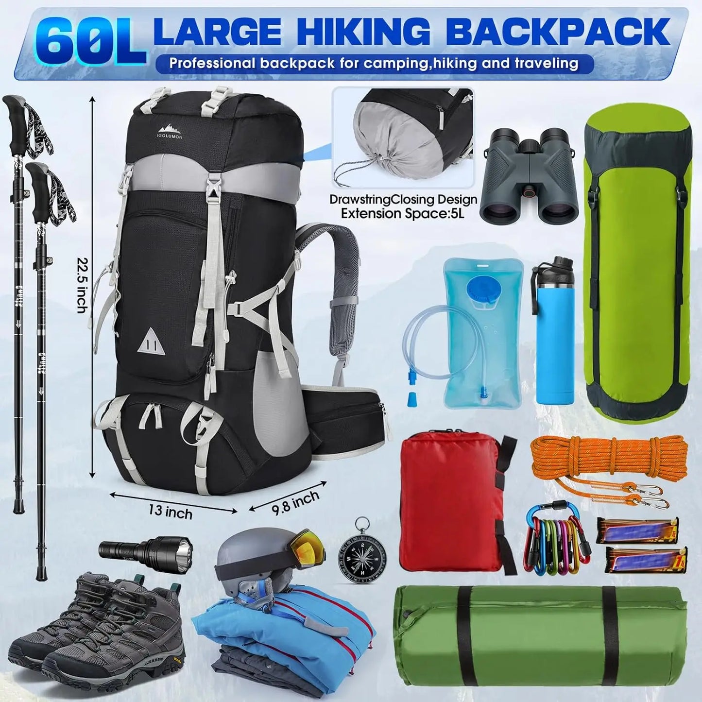 60L Waterproof Hiking Backpack with Rain Cover, Lightweight Camping Backpack for Men and Women