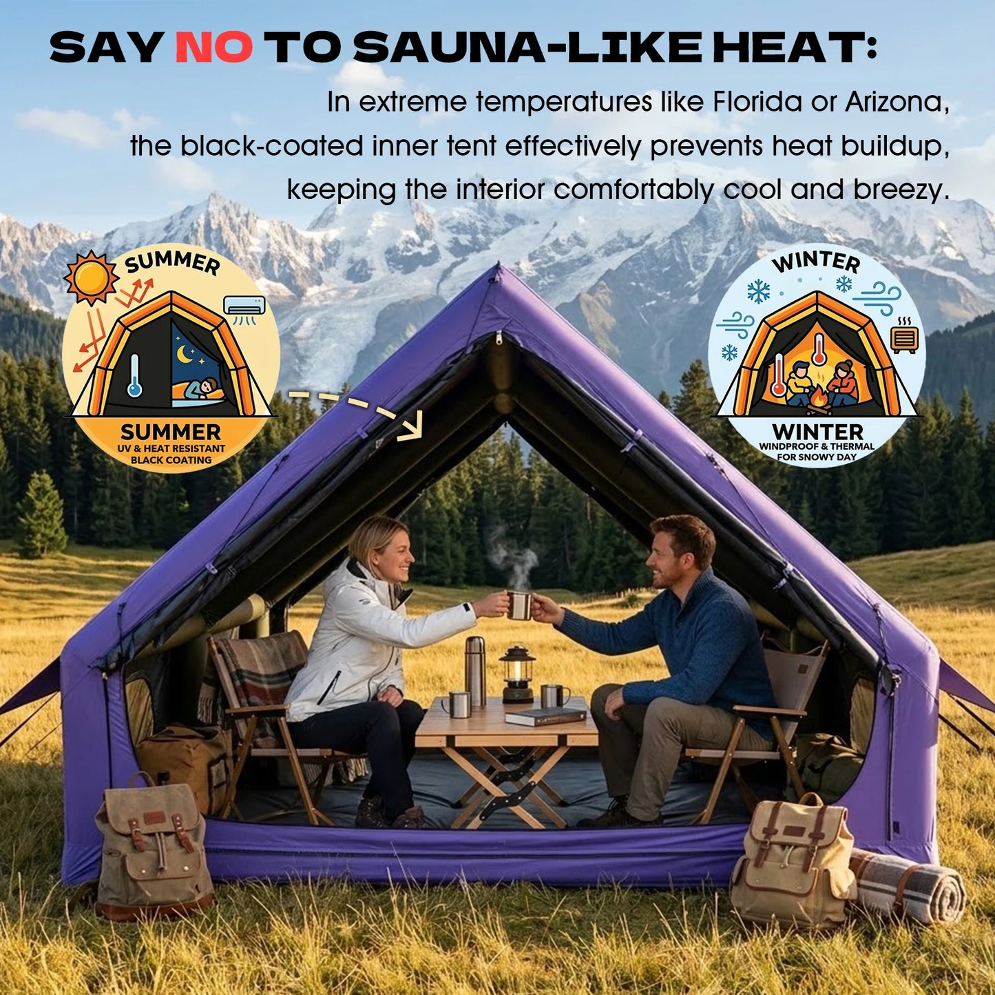 129 Square Feet Purple Inflatable Tent 6-8 Person for Camping,4 Season Easy Setup Waterproof Oxford Air Tent House with Tarp