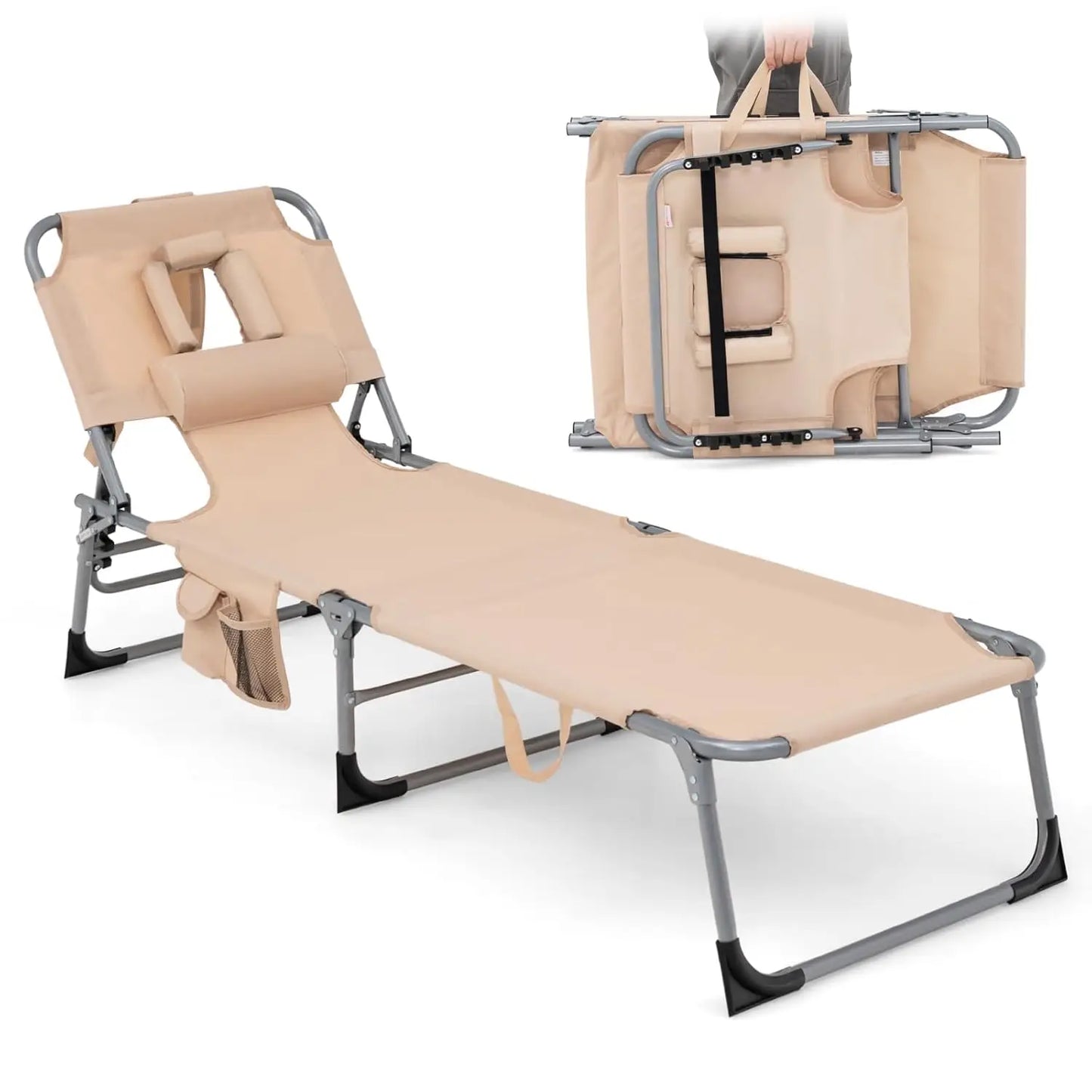 Tanning Chair, Folding Adjustable Patio Lounge Chair with Face Hole, Removable Pillow, Carry Strap, Customized