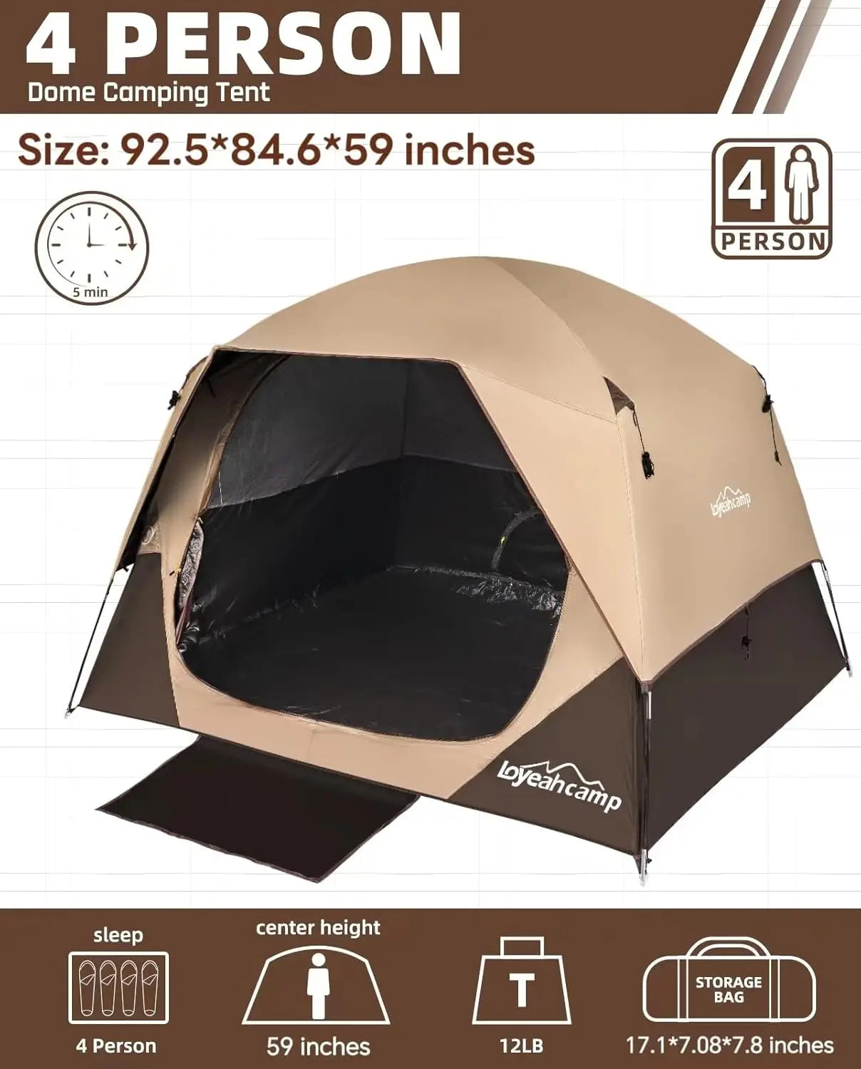 4-6 Person Blackout Camping Tent, Waterproof Family Dome Tent with Rainfly, Easy Setup for Outdoor Hiking