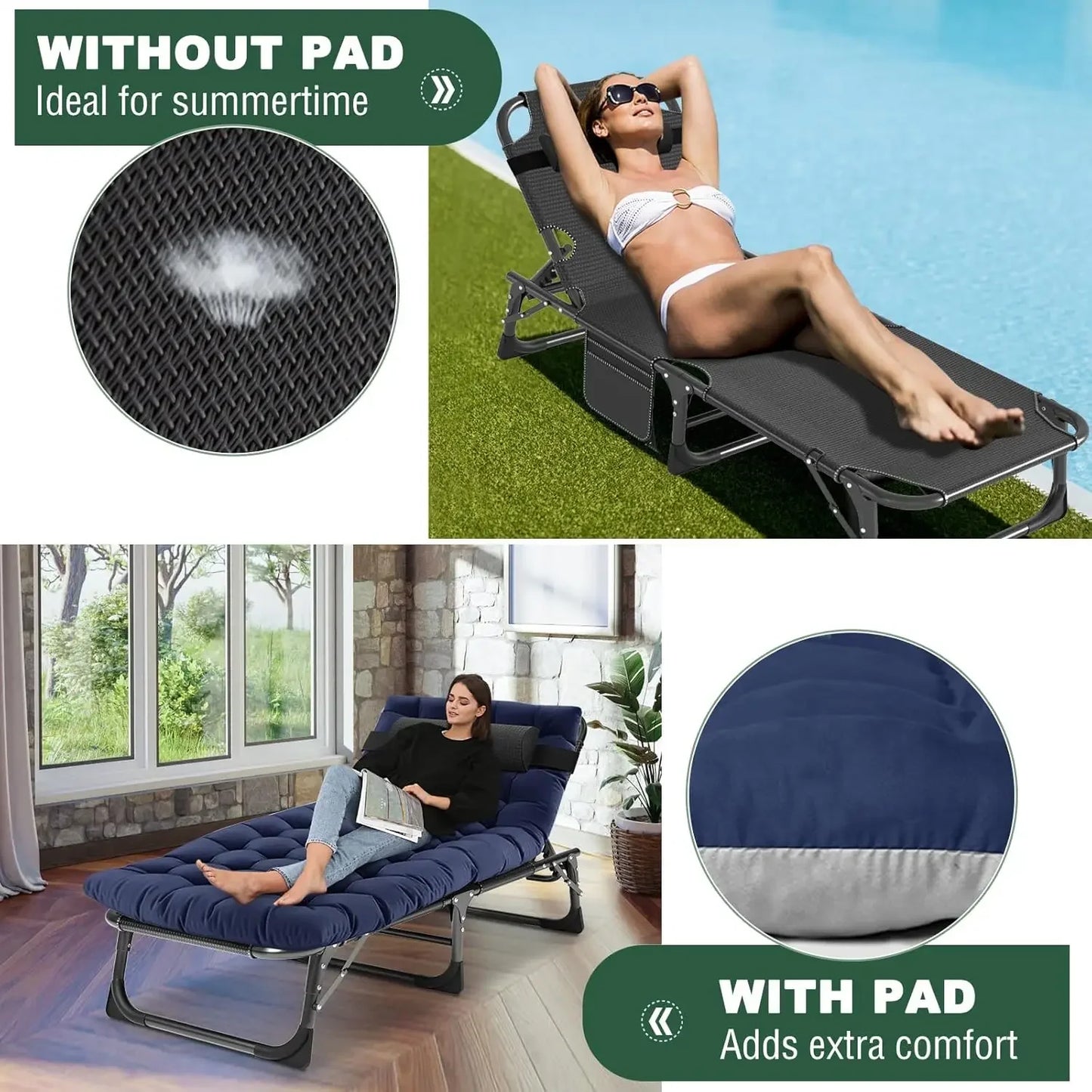 Outdoor Folding Chaise Lounge Chair with Mattress, 5 Position Adjustable Patio Reclining, Customized