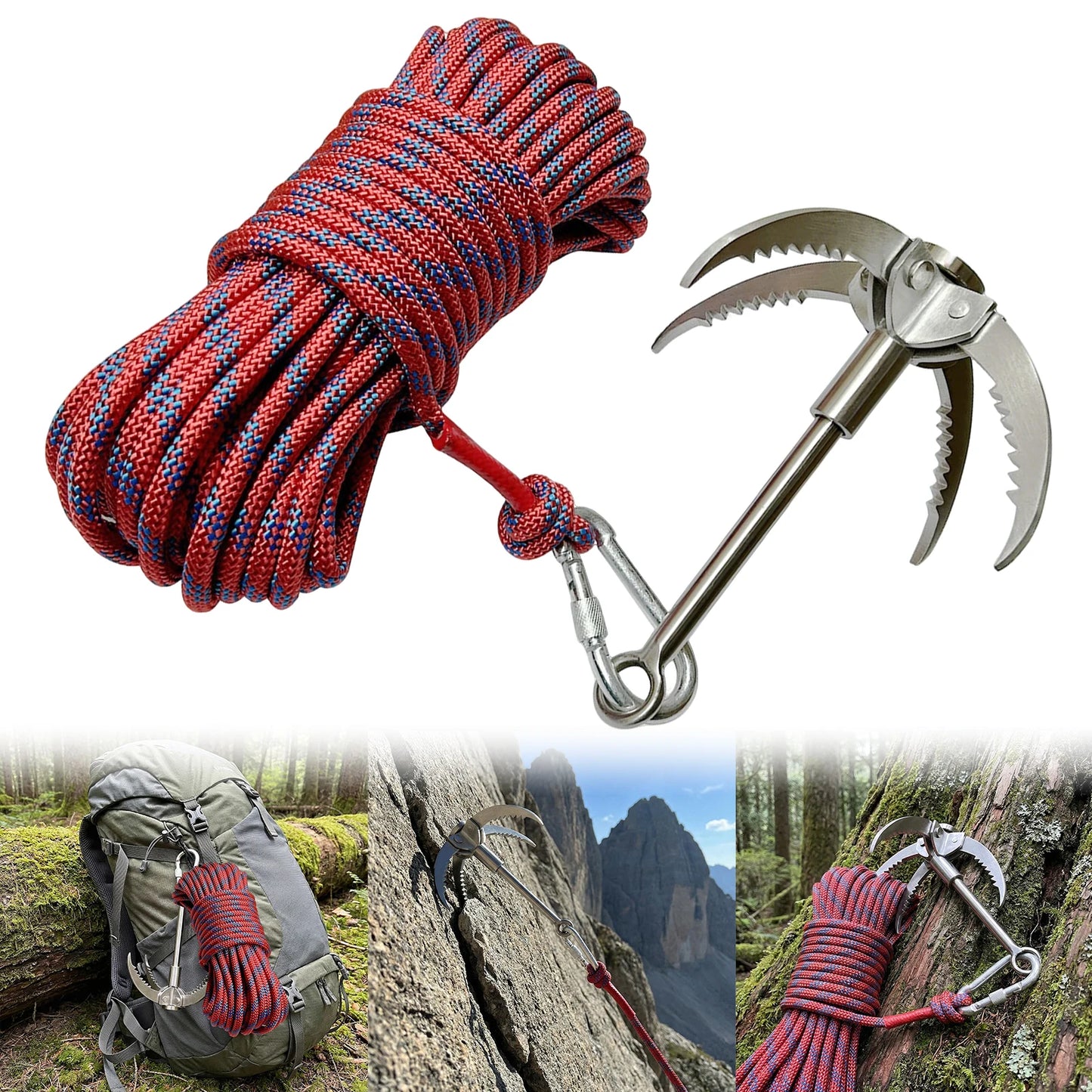 Outdoor Grappling Hook Anti-Slip Survival Rock Climbing Hook 20M Stainless Steel Flying Tiger Claw for Outdoor Hiking
