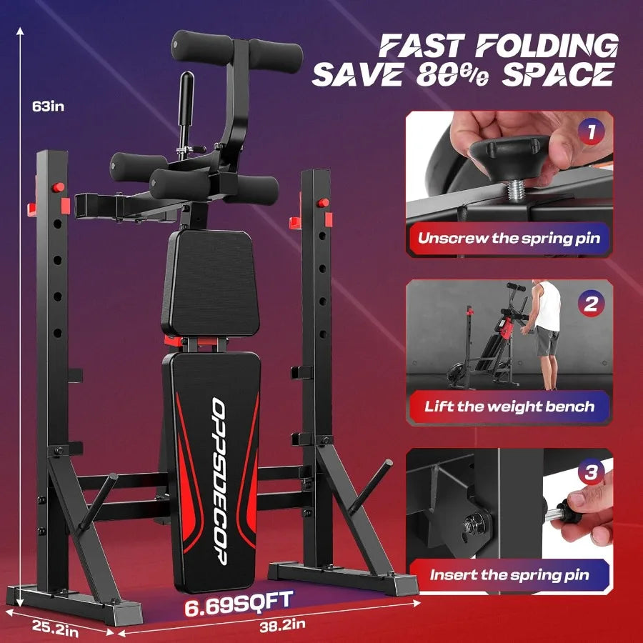 Foldable Adjustable Weight Bench Set with Squat Rack for Home Gym 900 LBS Ccity Flat/Incline/Decline Steel Frame Black Durable