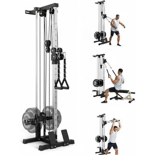 Wall Mount Cable Station Dual Pulley Cable Crossover Machine LAT Pulldown Bar & Foot Board for Home Gym Strength Training