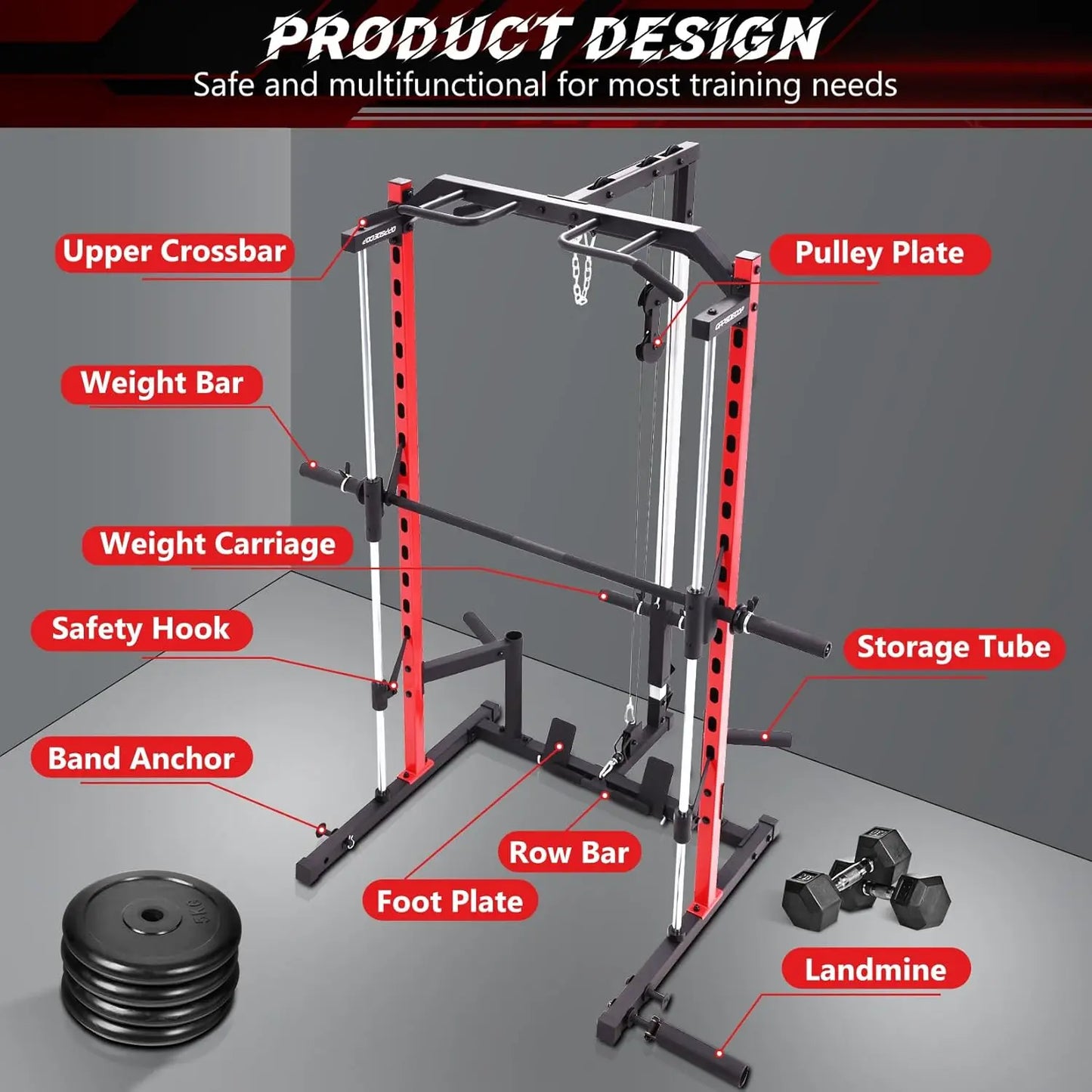 All-in-One Smith Machine Power Rack with LAT Pull Down System, Pull Up Bar, Barbell Bar, Plate Storage Pegs and, Customized