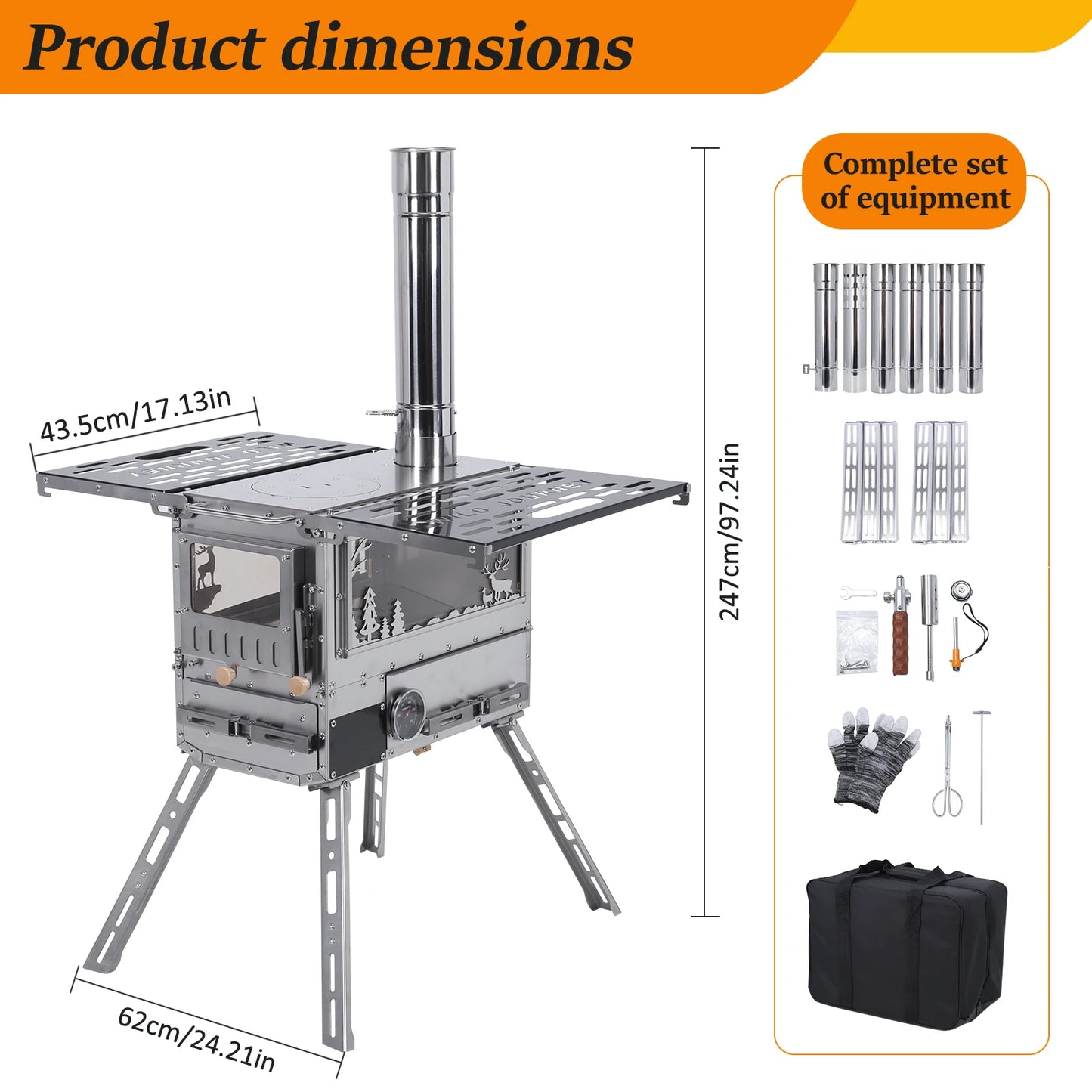 Hot Tent Stove with Oven & Camping Table with Chimney Pipe Outdoor Firewood Stove Stainless Steel for Heating Cooking Hunting