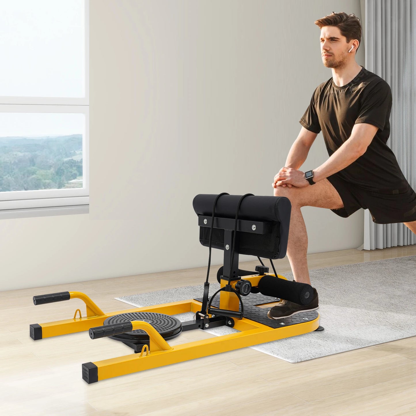 Steel Deep Squat Machine,Yellow Black Ajustable Deep Squat Machine Floor Standing 94*44cm for Train Abs,Thighs,Glutes
