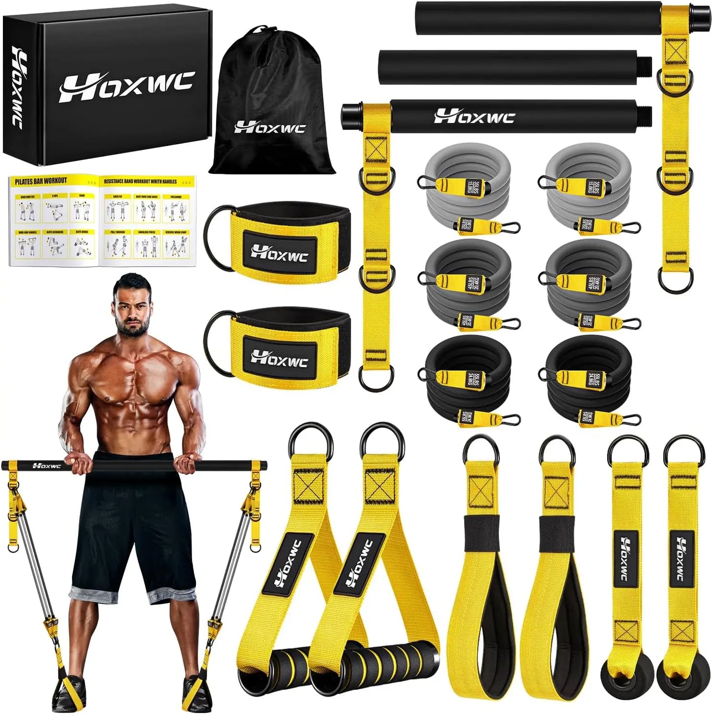 Portable Pilates Bar Kit with Adjustable Resistance Bands for Full Body Home Gym Strength Training