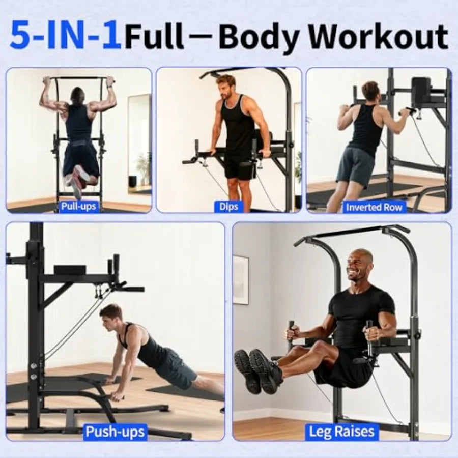 Adjustable Pull Up Bar Power Tower Dip Station for Home Gym Workout Multi-Function Strength Training Equipment in Black Steel w