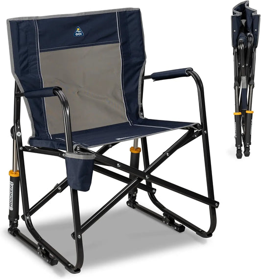 Portable Folding Rocking Camping Chair with Armrests, Drink Holder & Comfortable Backrest in Indigo Blue